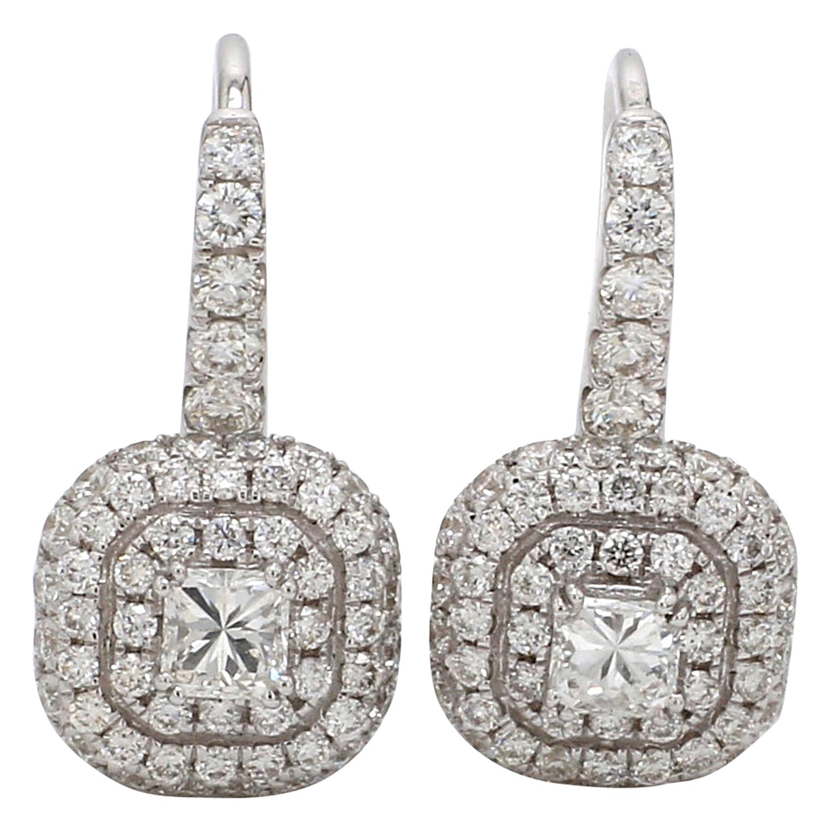 18 Karat White Gold Radiant Cut Diamond Double Halo Cocktail Earring For Sale