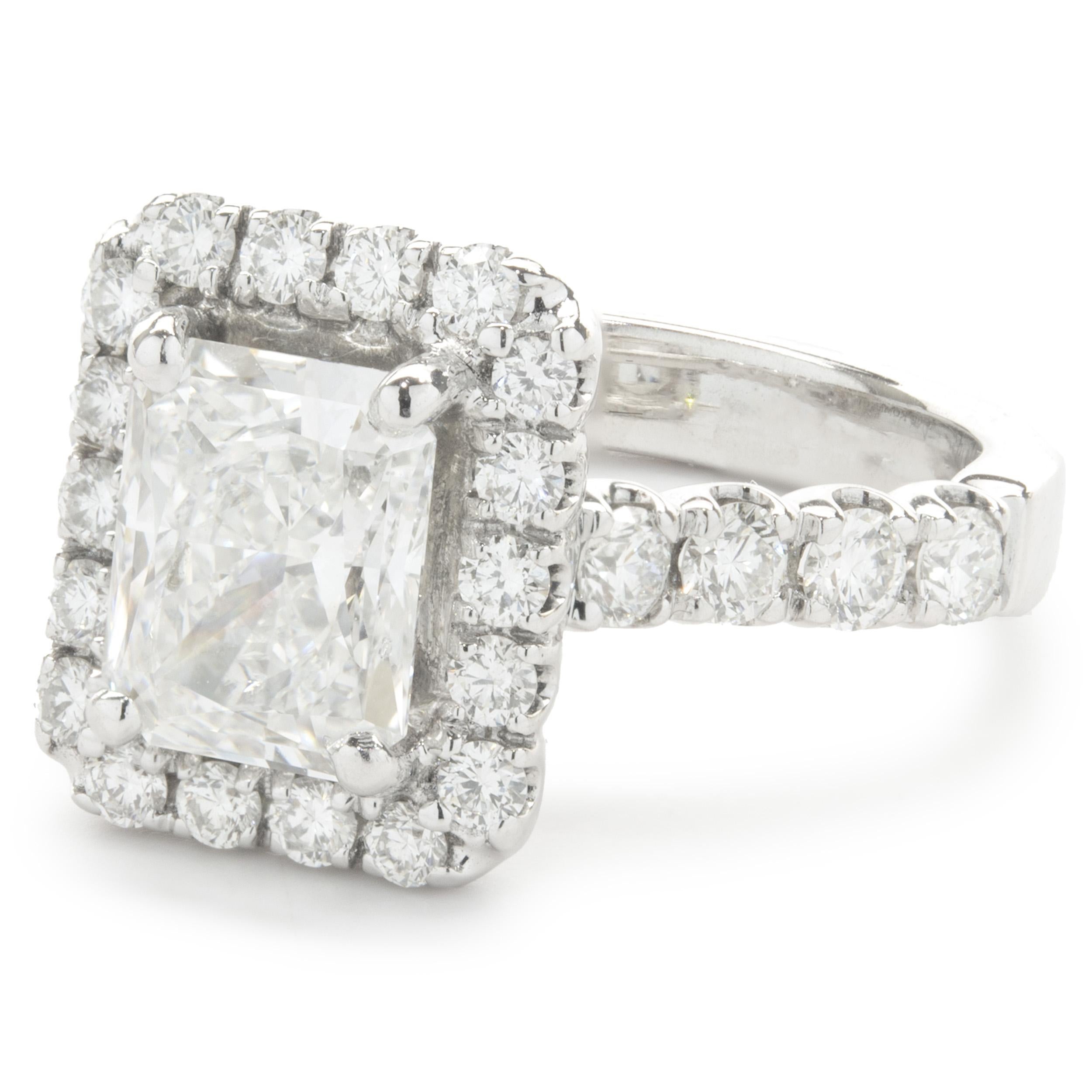 Women's 18 Karat White Gold Radiant Cut Diamond Engagement Ring For Sale