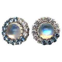 18 Karat White Gold Rainbow Moonstone, Aquamarine & Diamond Earrings