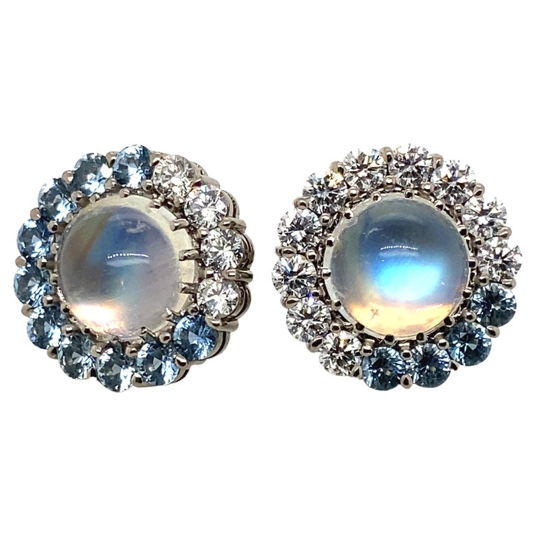 18 Karat White Gold Rainbow Moonstone, Aquamarine and Diamond Earrings