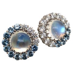 18 Karat White Gold Rainbow Moonstone, Aquamarine & Diamond Earrings