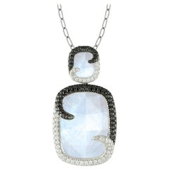 18 Karat White Gold Rainbow Moonstone w/Black 
White Diamond Necklace 1.26 cttw