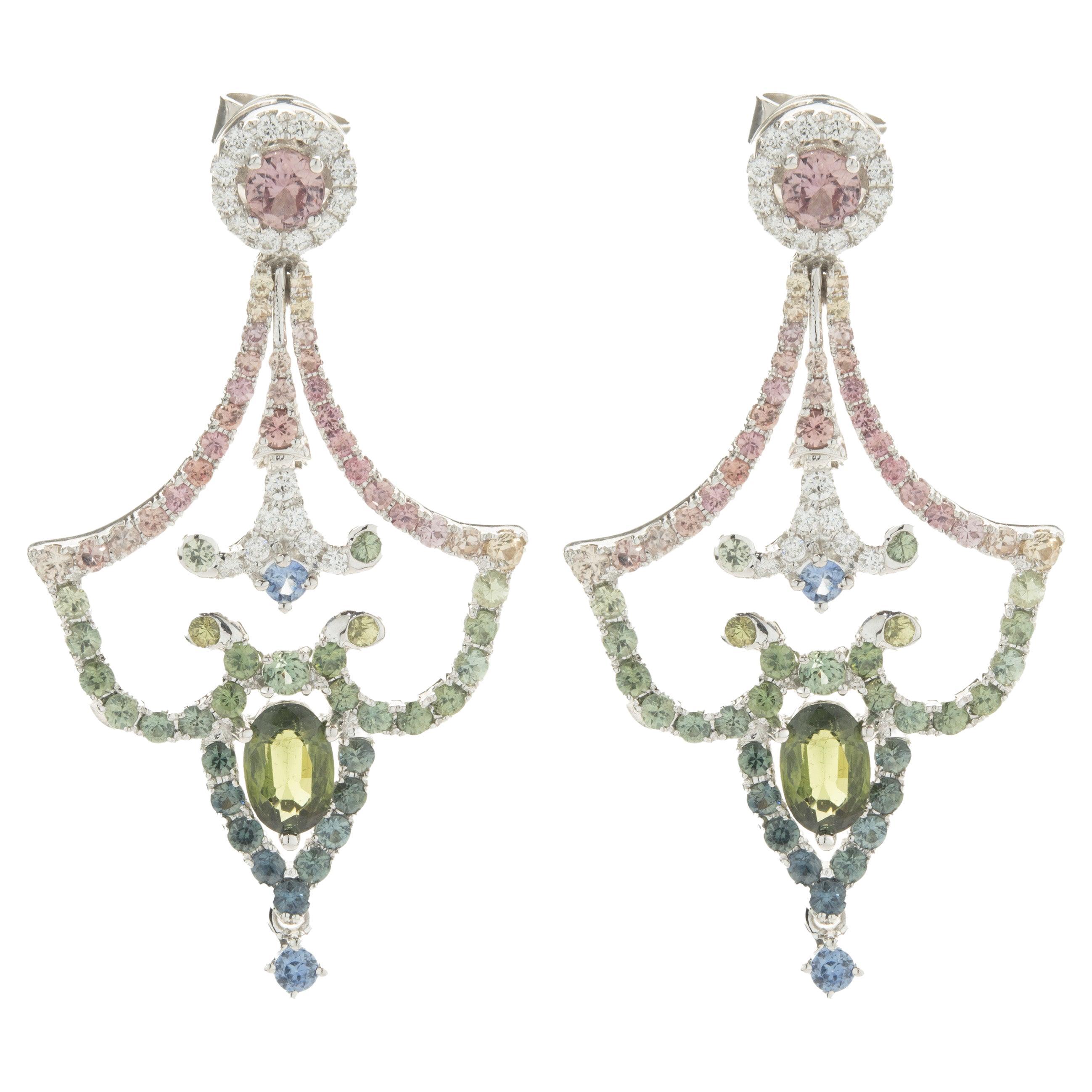Blue Sapphire Pear Drop Faceted Cabochon Diamond Halo Drop 18k Gold Earrings main image 1
