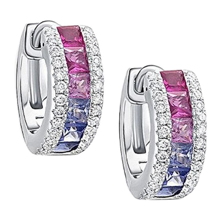 18 Karat Weißgold Regenbogen Saphir Diamant Huggie Hoop Ohrringe