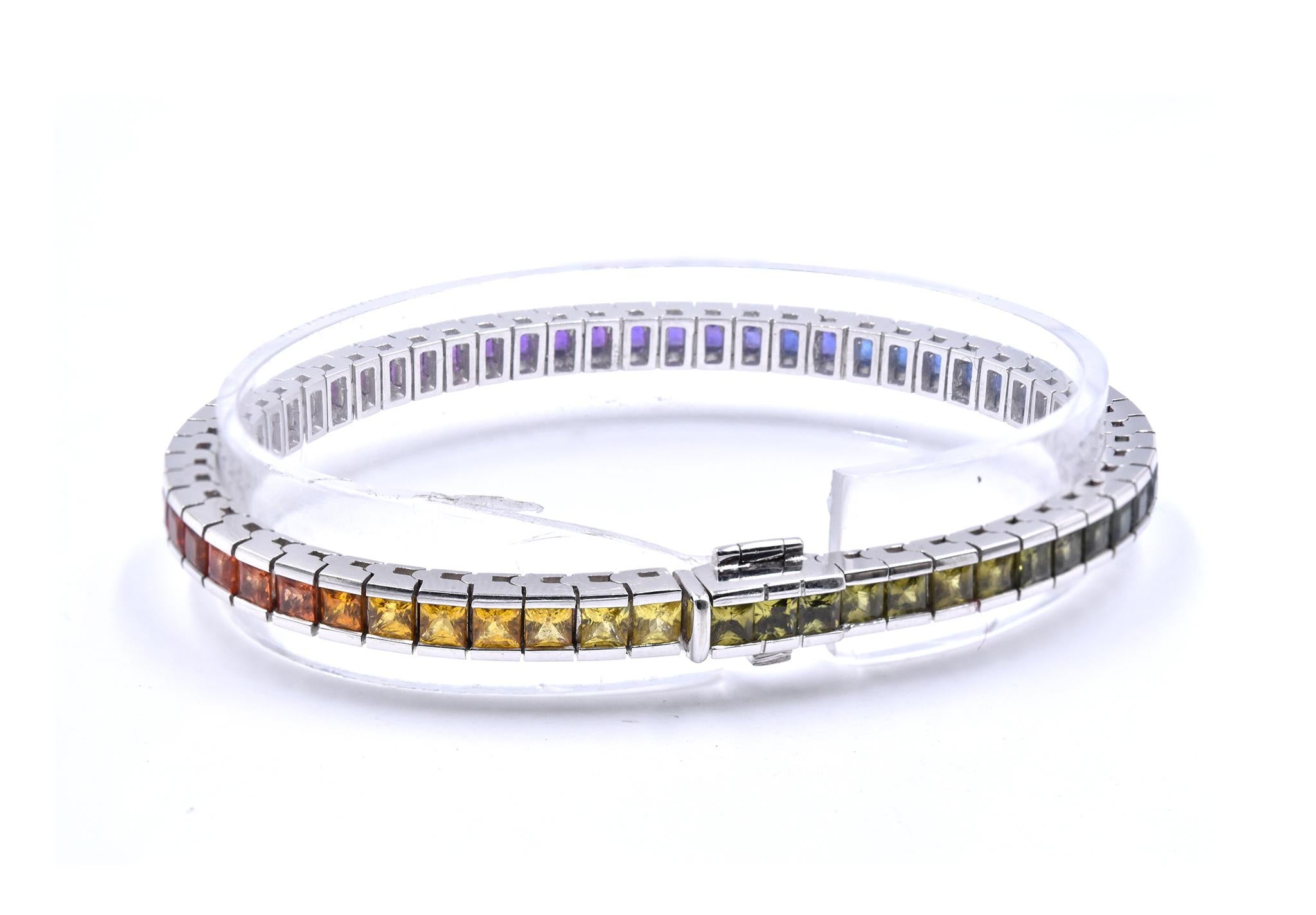 18 Karat White Gold Rainbow Sapphire Tennis Bracelet In Excellent Condition In Scottsdale, AZ