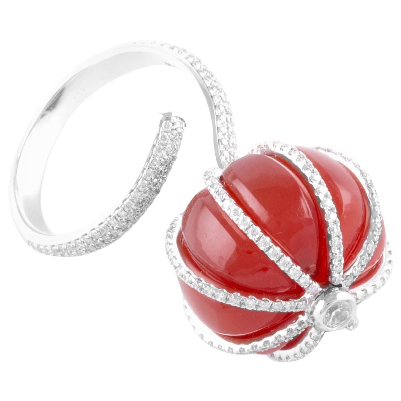 18 Karat White Gold Red Carnelian and Diamond Cocktail Ring For Sale