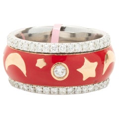 18 Karat White Gold, Red Enamel, and Diamond Moon and Star Band