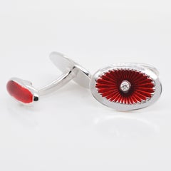 18 Karat White Gold Red Guilloché Enamel Oval Cufflinks