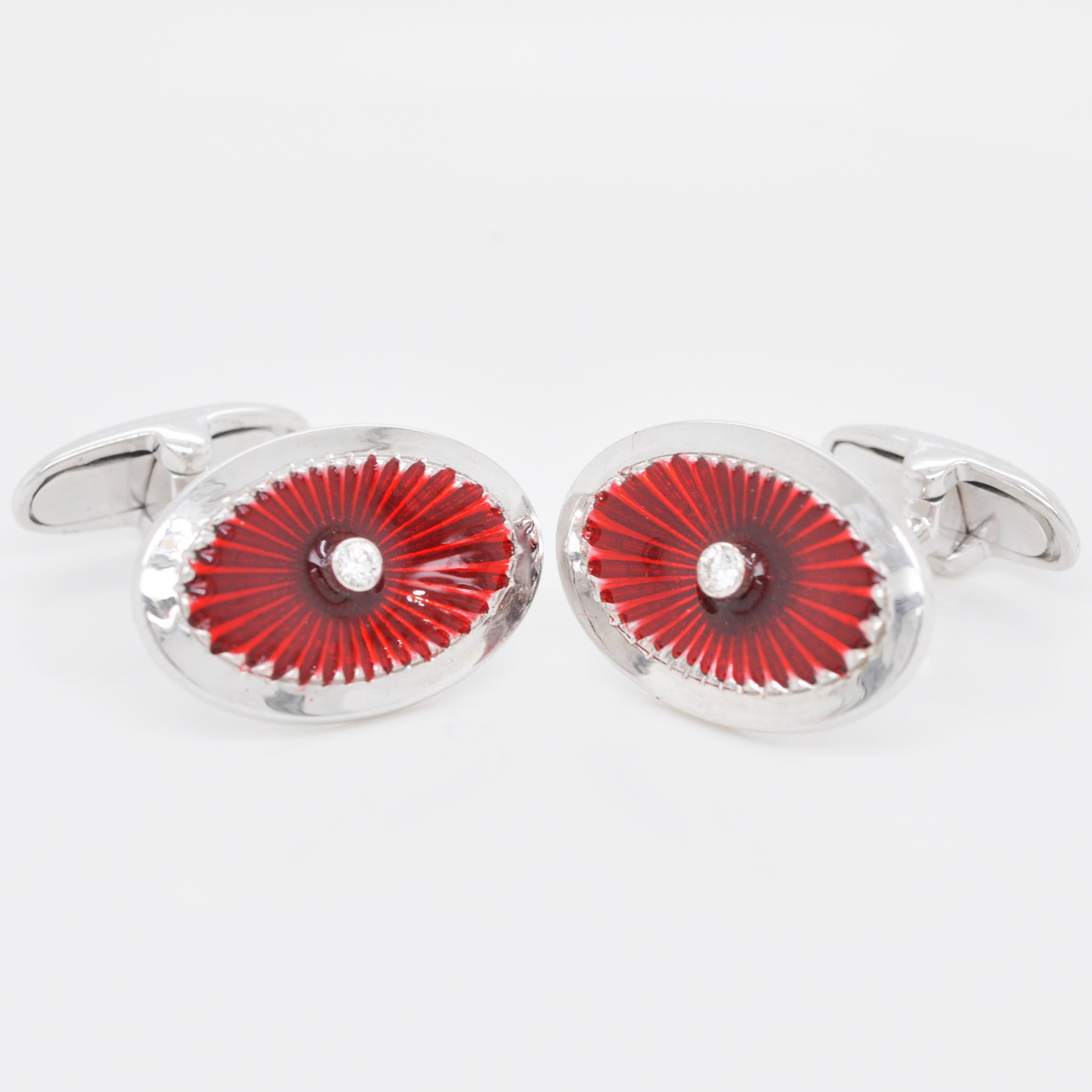 Contemporary 18 Karat White Gold Red Guilloché Enamel Oval Cufflinks For Sale