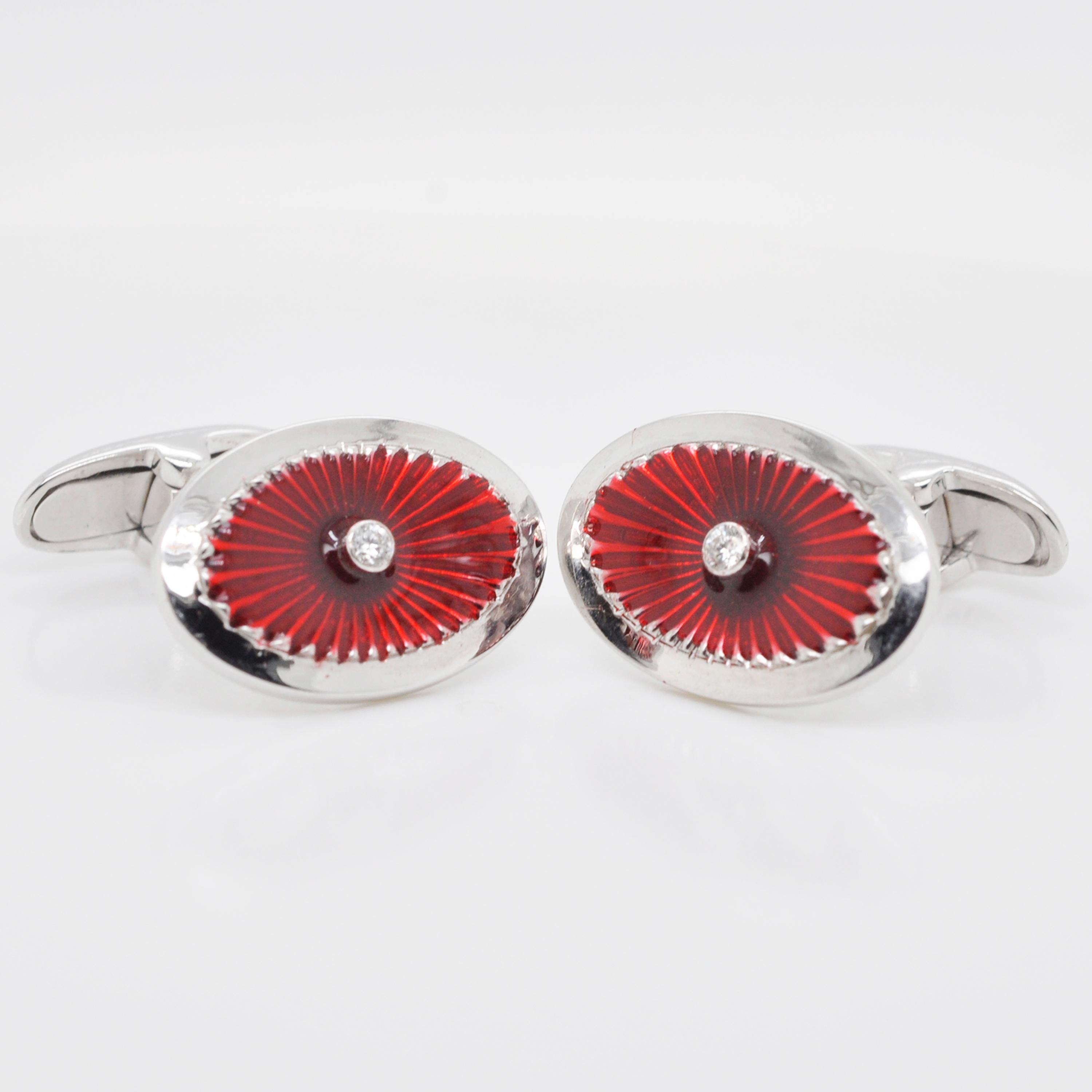 Round Cut 18 Karat White Gold Red Guilloché Enamel Oval Cufflinks For Sale