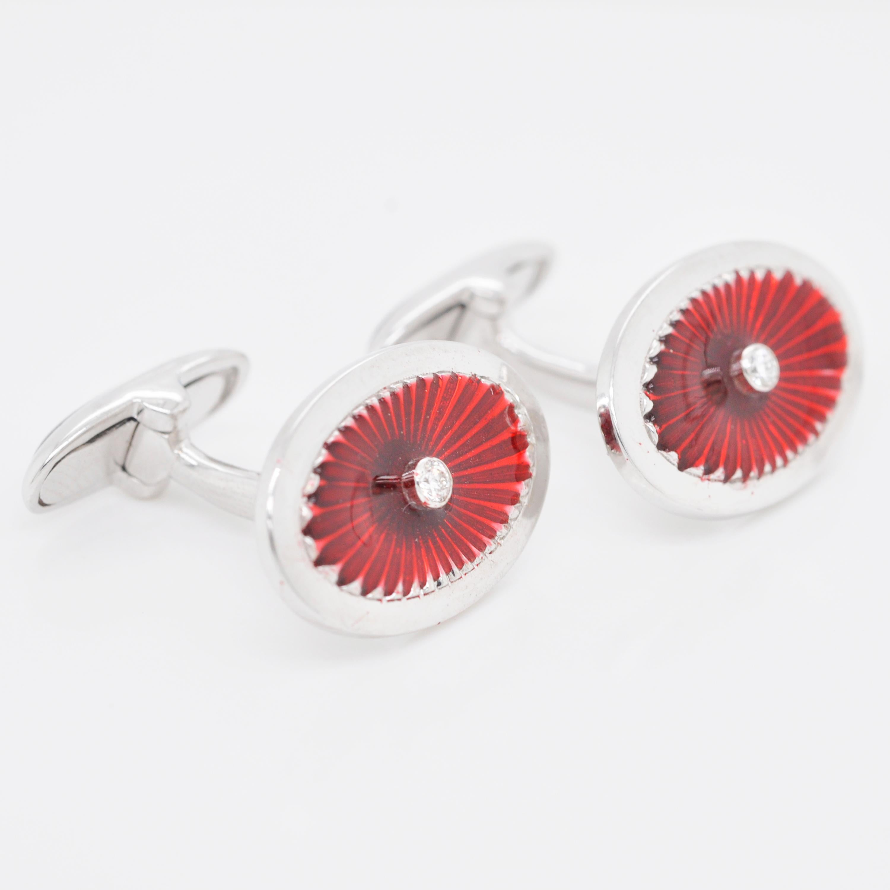 18 Karat White Gold Red Guilloché Enamel Oval Cufflinks In New Condition For Sale In Jaipur, Rajasthan