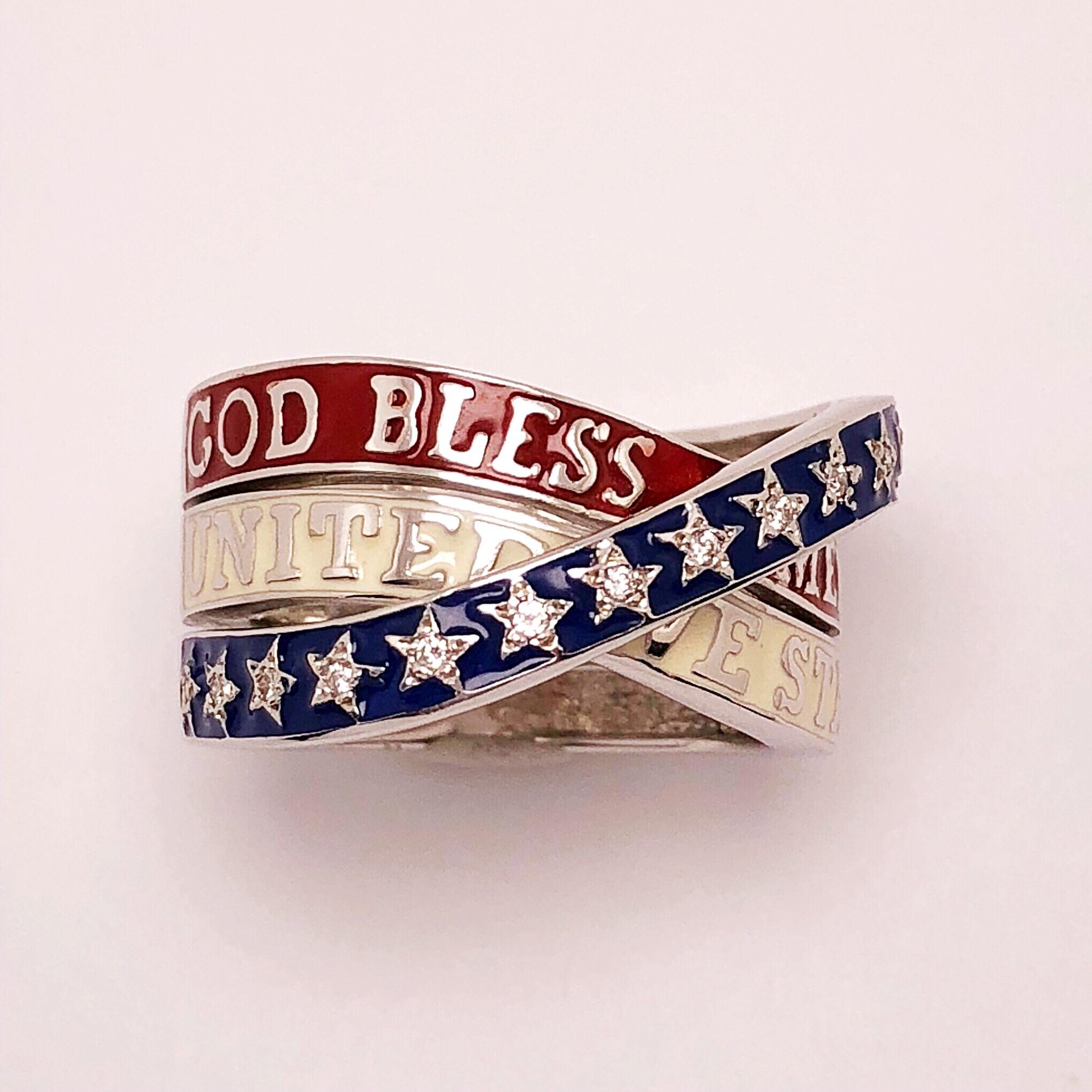 18 Karat Weißgold, Emaille-Ring, God Bless America, Rot, Weiß, Blau (Rundschliff) im Angebot
