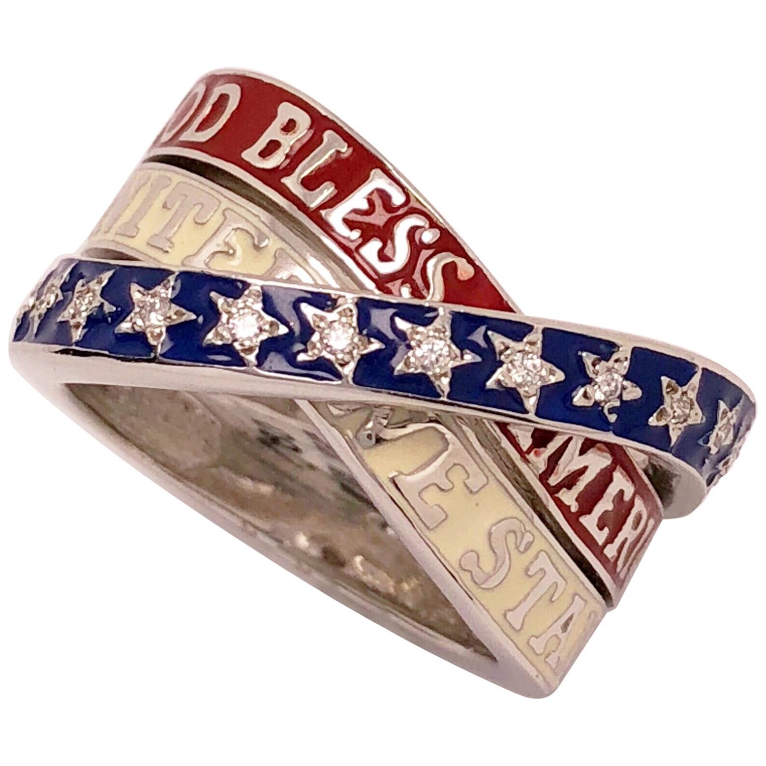 18 Karat White Gold, Red, White, Blue, God Bless America Enamel Ring