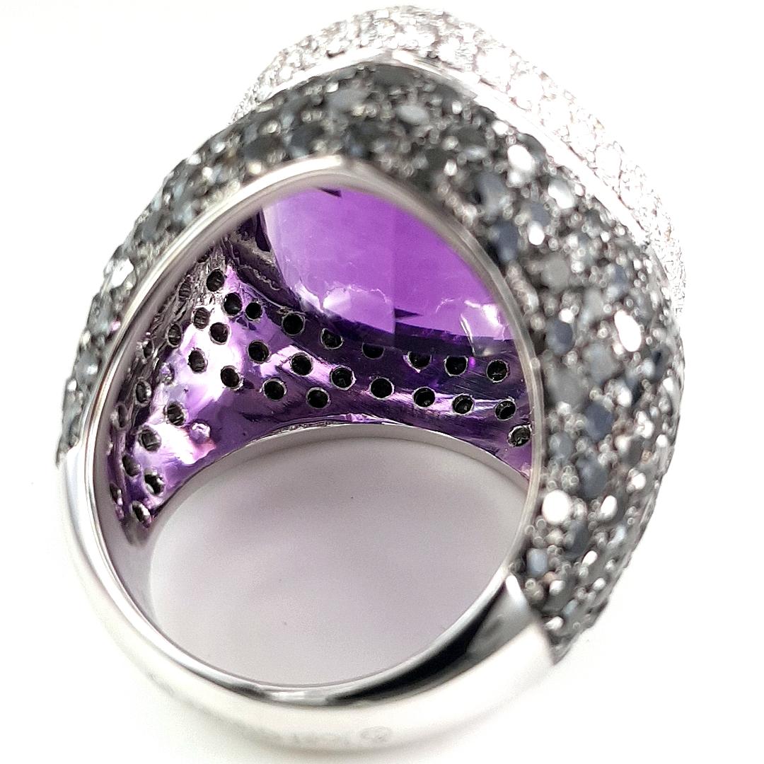 18kt White Gold Ring, 9ct Black and White Diamonds and 25ct Amethyst For Sale 14