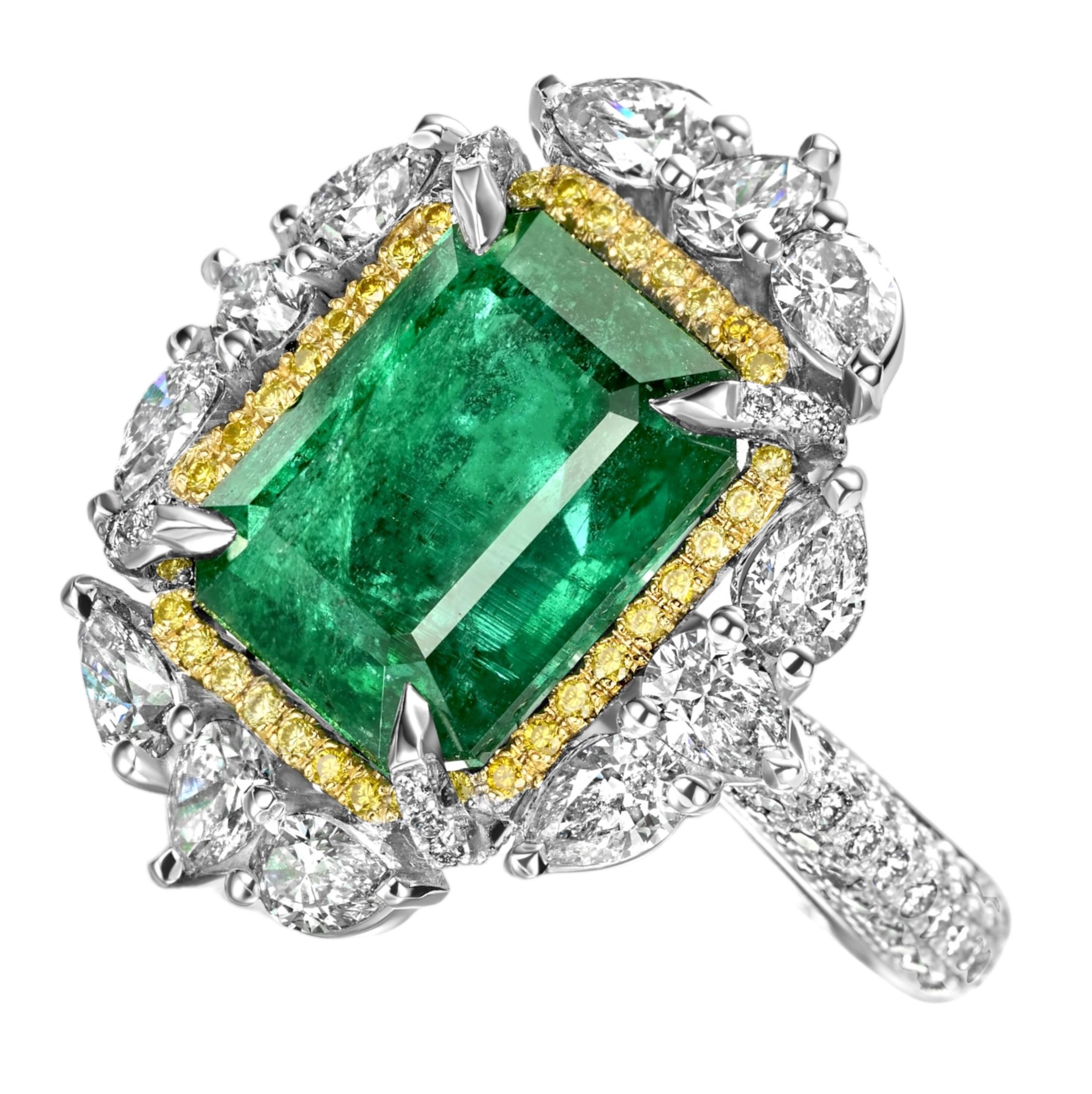 Artisan 18 Karat White Gold Ring with 12.27 Carat Emerald, Pear Shape Diamonds 2.62 Ct For Sale