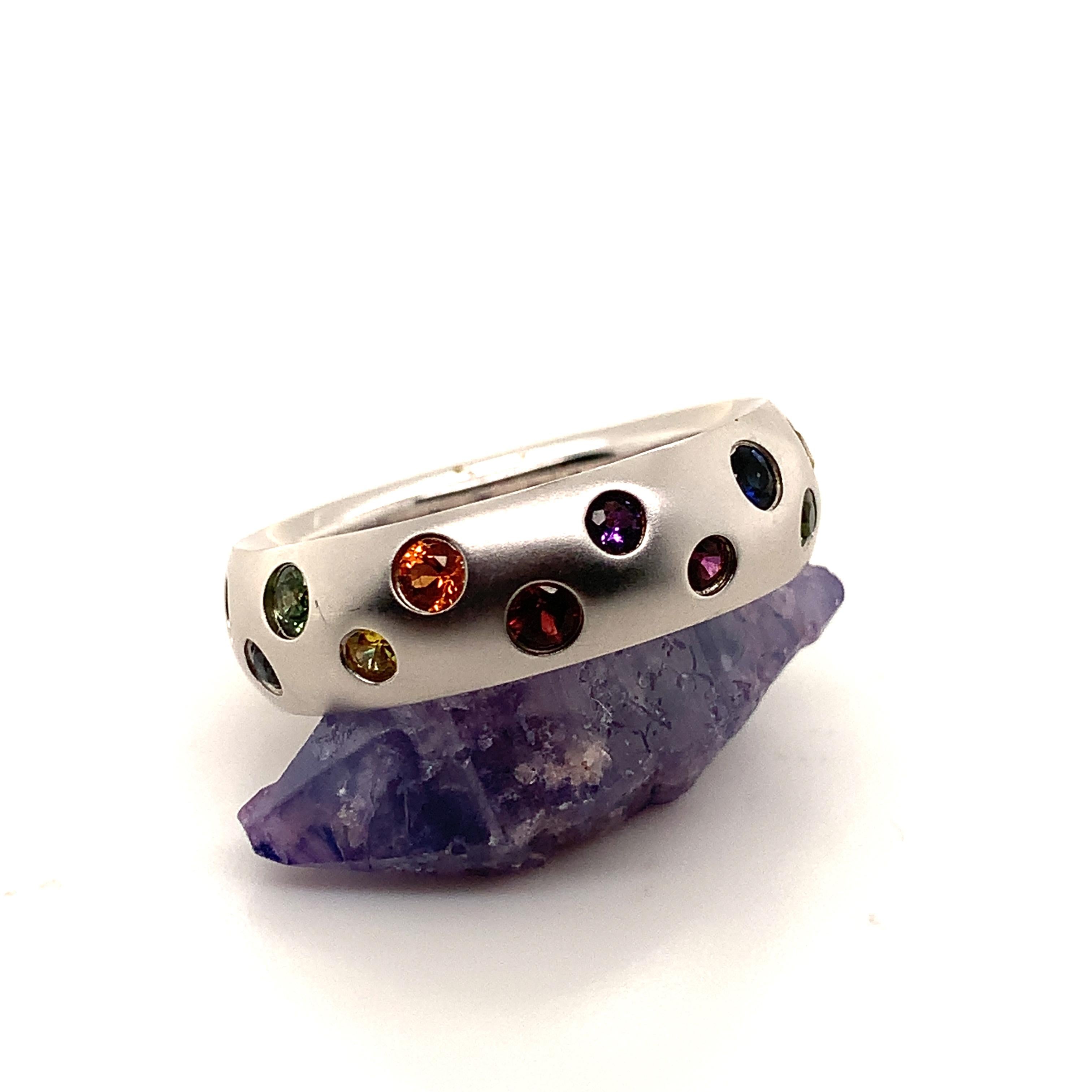 Brilliant Cut 18 Karat White Gold Ring with 15 Multi-Color Sapphires For Sale