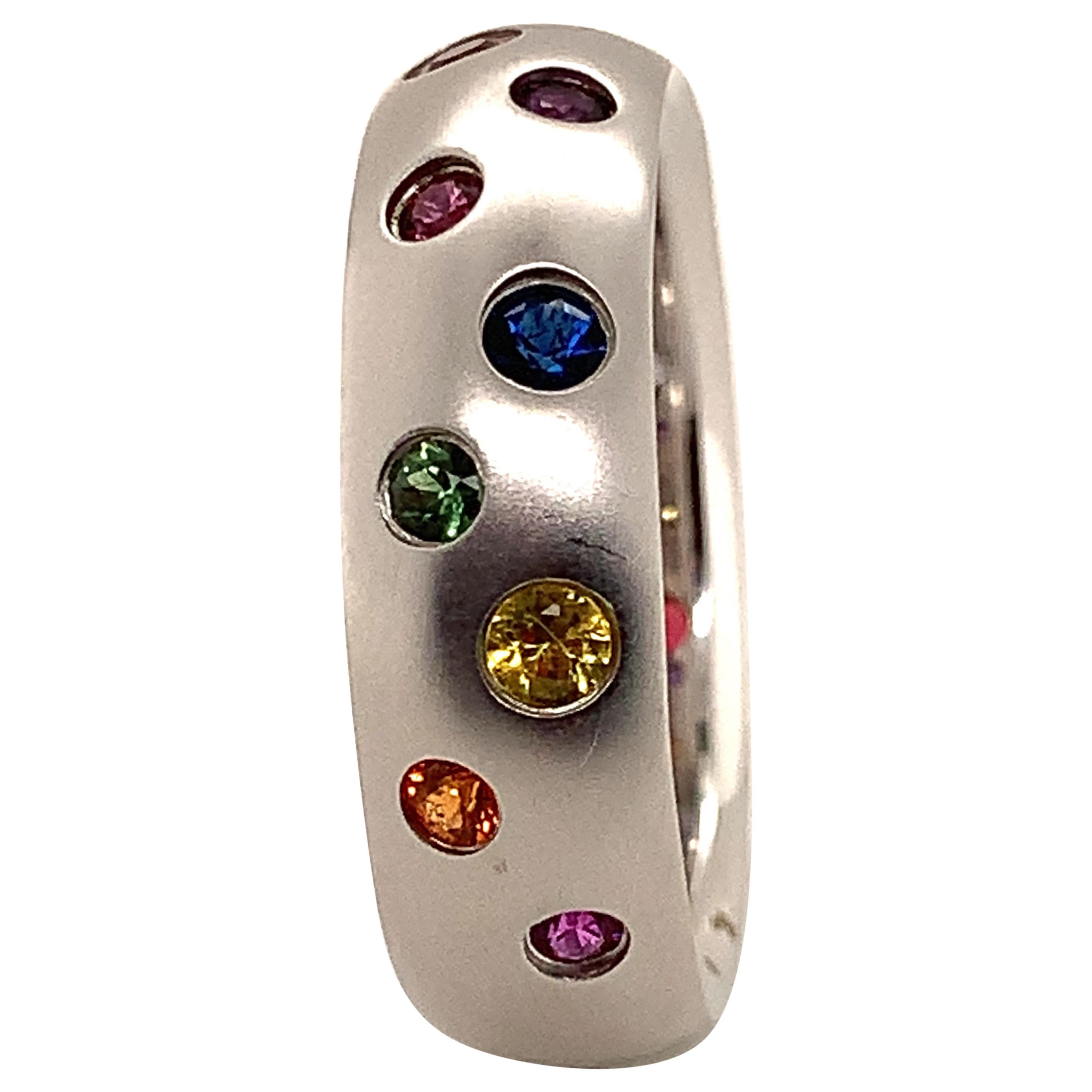 18 Karat White Gold Ring with 15 Multi-Color Sapphires For Sale