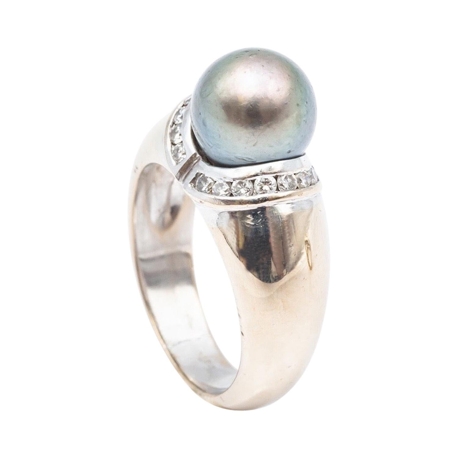 Tahitian Pearl Baguette Diamond 14 Karat White Gold Ring For Sale at ...