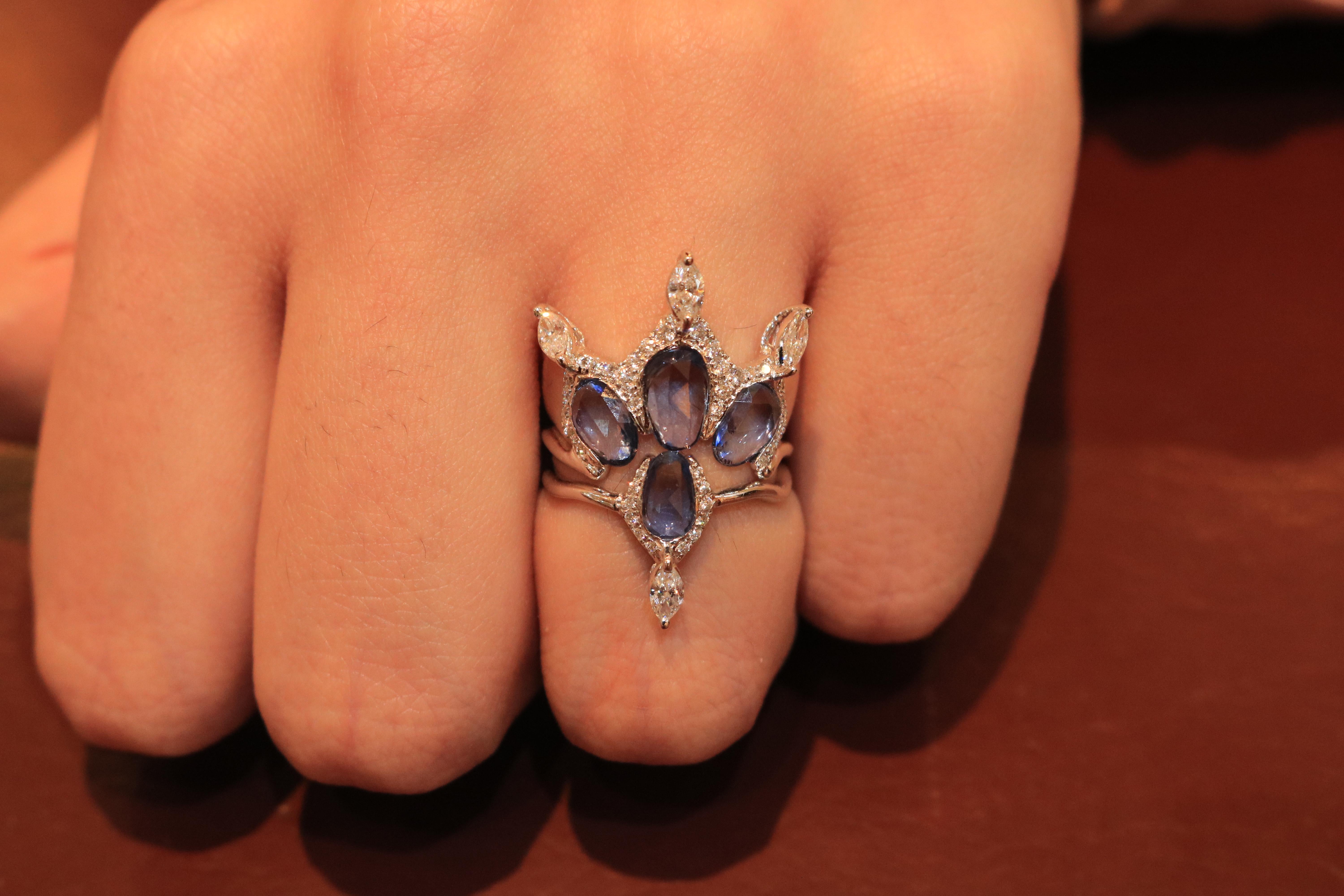 Marquise Cut 18 Karat White Gold Ring with Blue Sapphires 'In Stock' For Sale