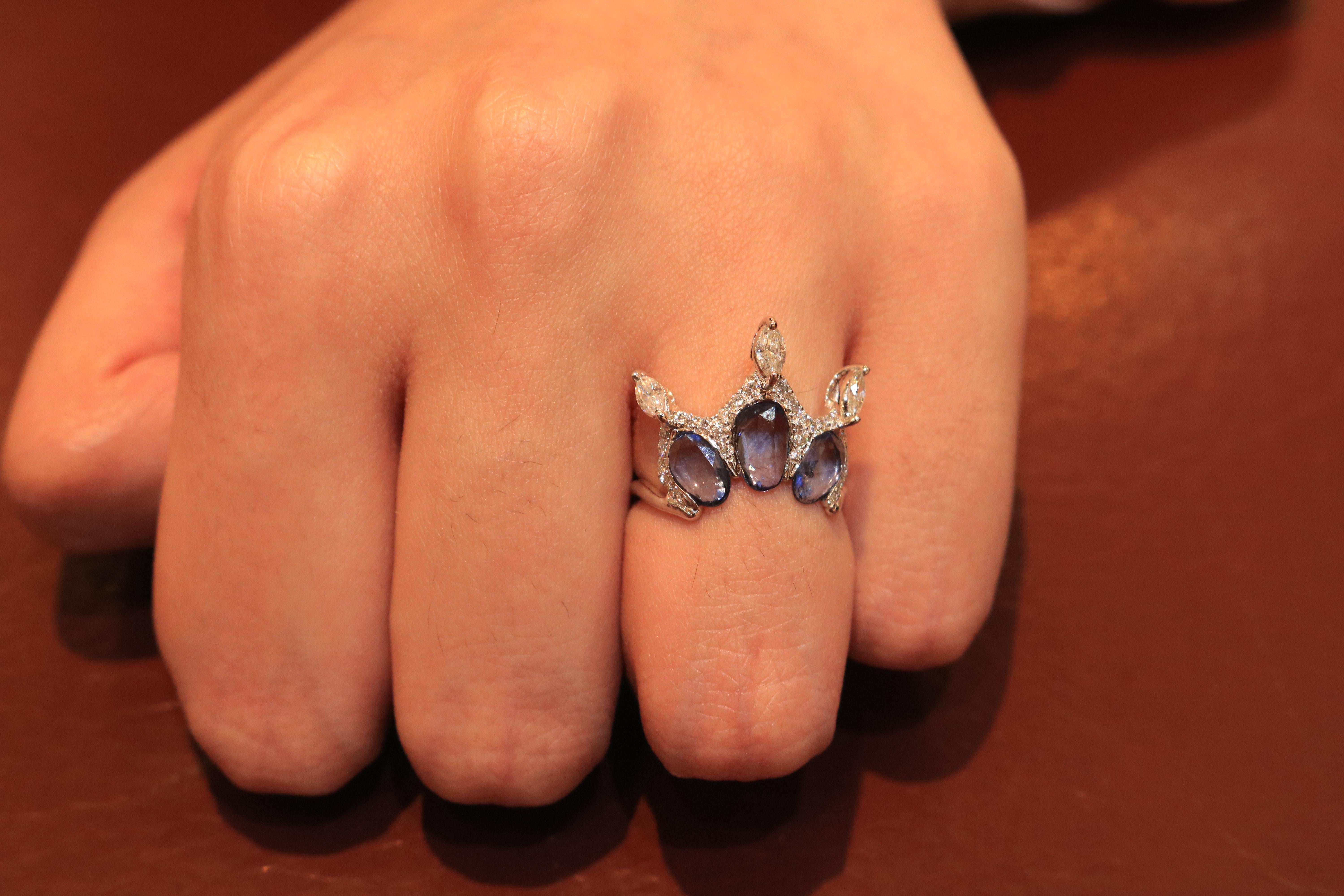 Marquise Cut 18 Karat White Gold Ring with Blue Sapphires 'in Stock' For Sale