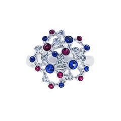 18 Karat White Gold Ring with Diamonds Rubies and Sapphires