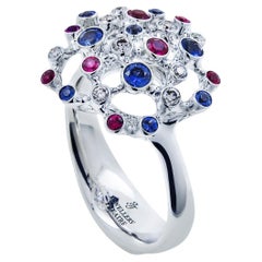 18 Karat White Gold Ring with Diamonds Rubies and Sapphires