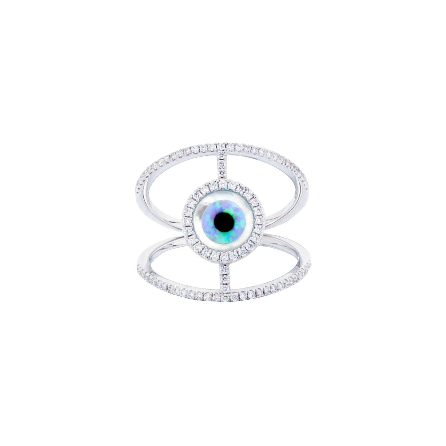 18 Karat White Gold Ring with Diamonds, Turquoise and Mother of Pearl Inlay For Sale