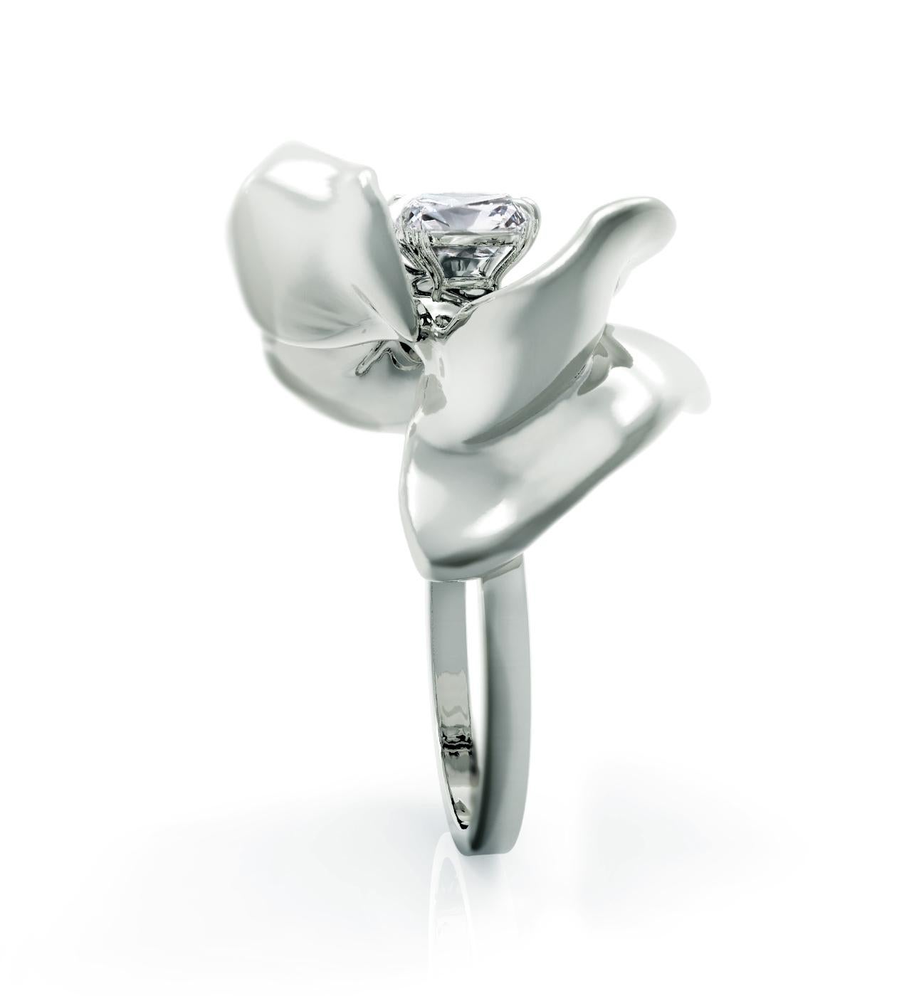 Artist Eighteen Karat White Gold Engagement Ring with Emerald Cut Diamond For Sale