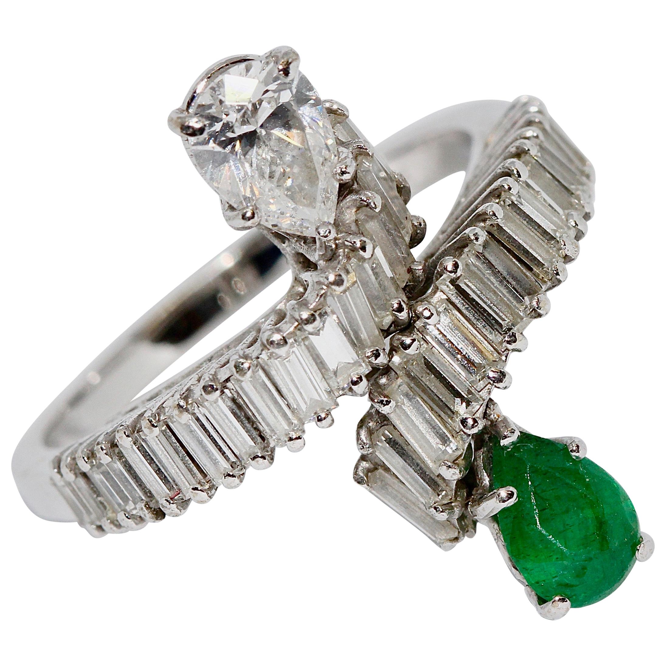 18 Karat White Gold Ring with Pear Cut Diamond and Emerald and Baguette Diamonds