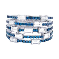 18 Karat White Gold Cocktail Ring White Baguette Brilliant Cut Blue Diamonds