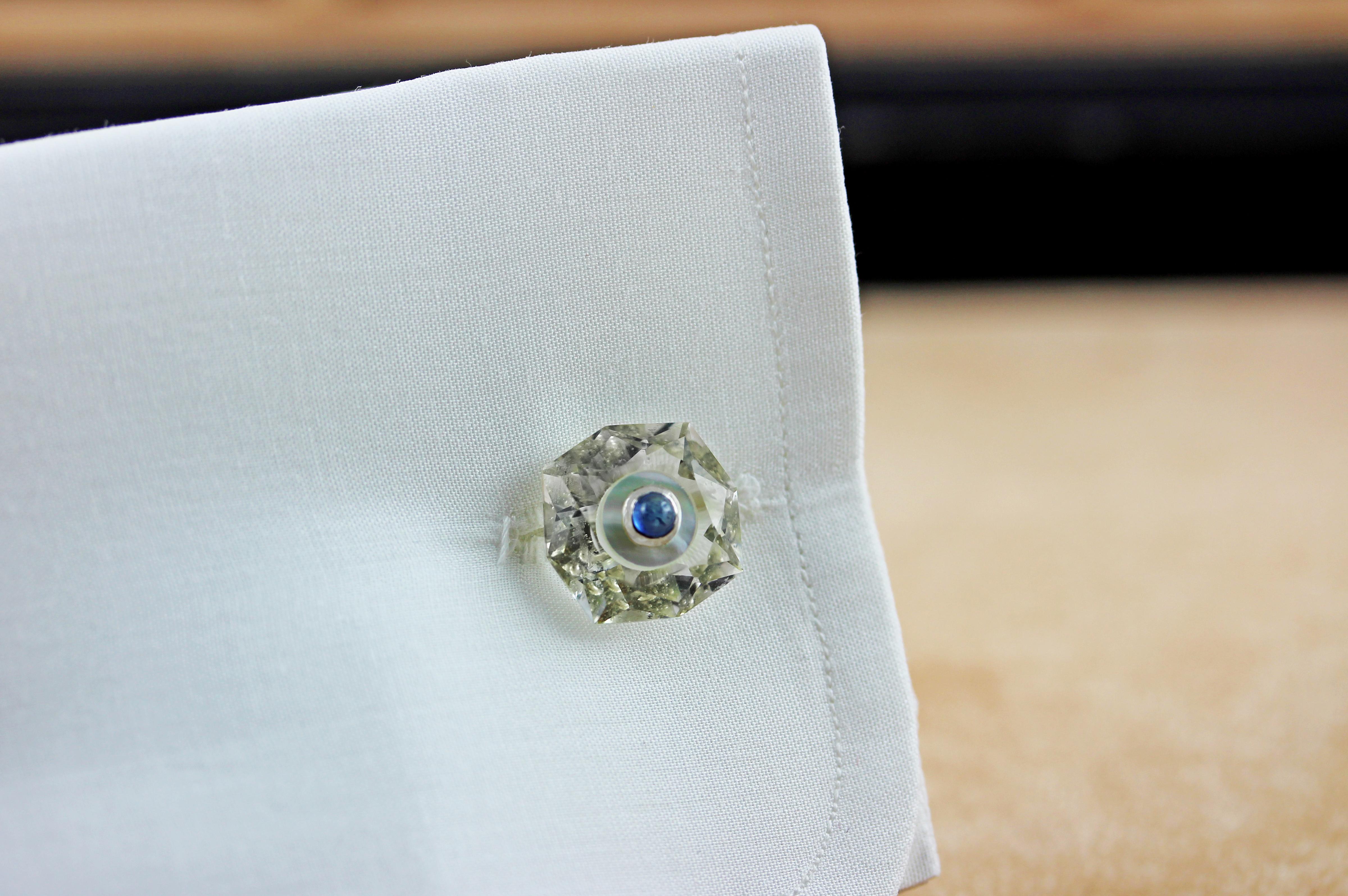 Cabochon 18 Karat White Gold Rock Crystal Mother of Pearl Blue Sapphires Cufflinks
