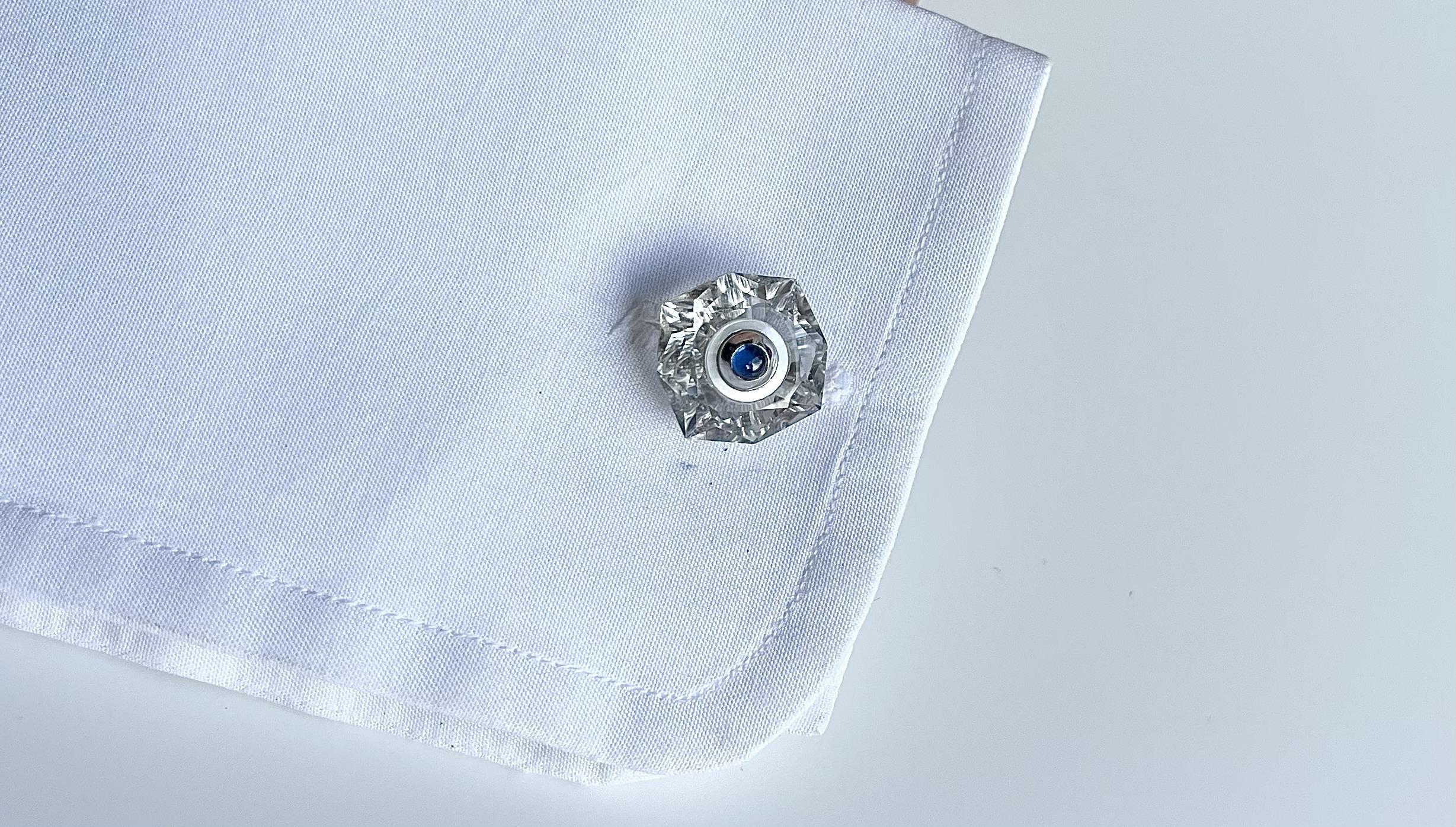 Cabochon 18 Karat White Gold Rock Crystal Mother of Pearl Blue Sapphires Cufflinks For Sale