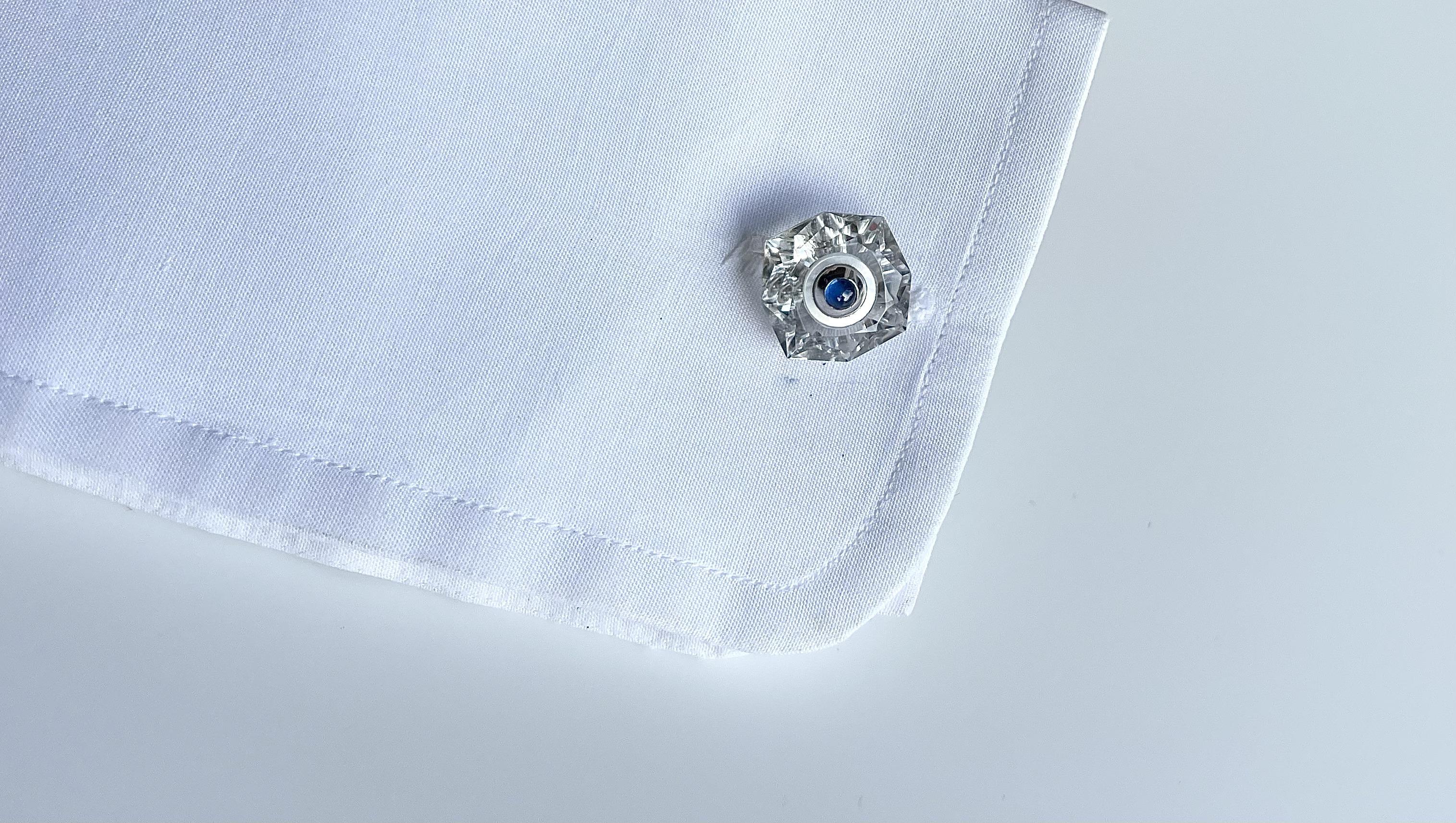 Women's or Men's 18 Karat White Gold Rock Crystal Mother of Pearl Blue Sapphires Cufflinks For Sale
