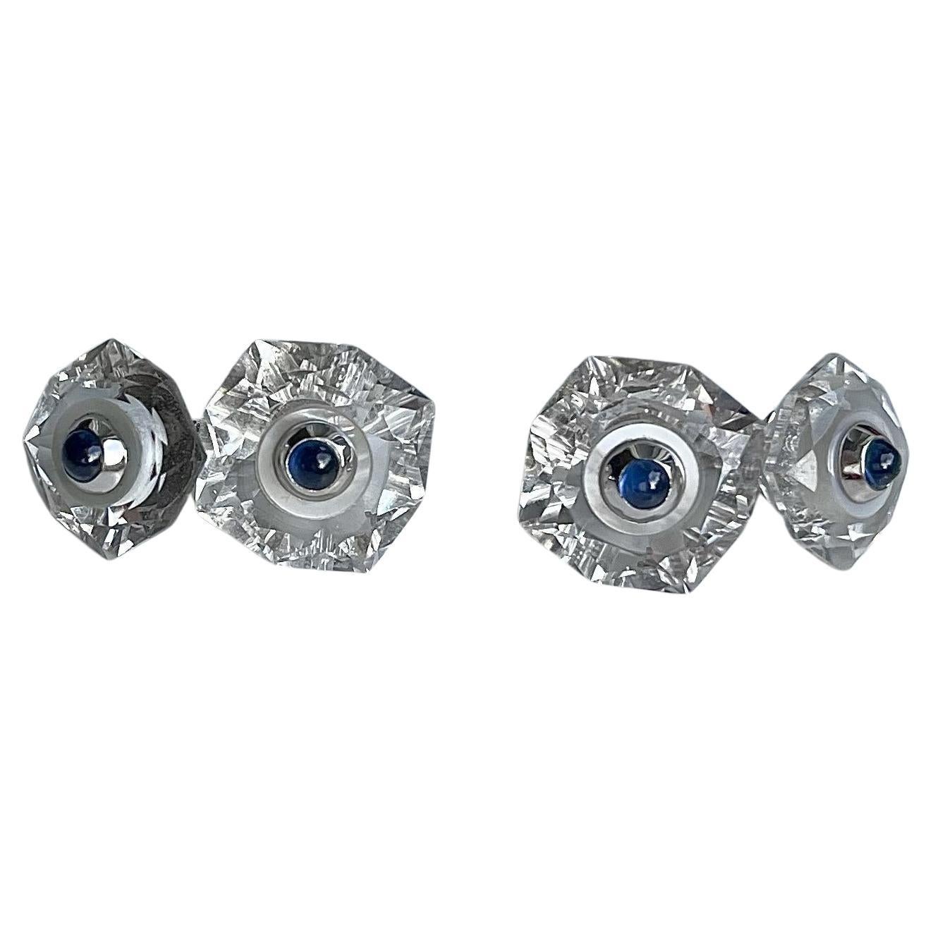 18 Karat White Gold Rock Crystal Mother of Pearl Blue Sapphires Cufflinks For Sale