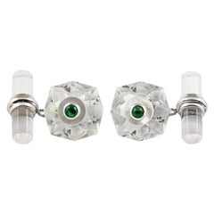 18 Karat White Gold Rock Crystal Mother of Pearl Cabochon Emeralds Cufflinks