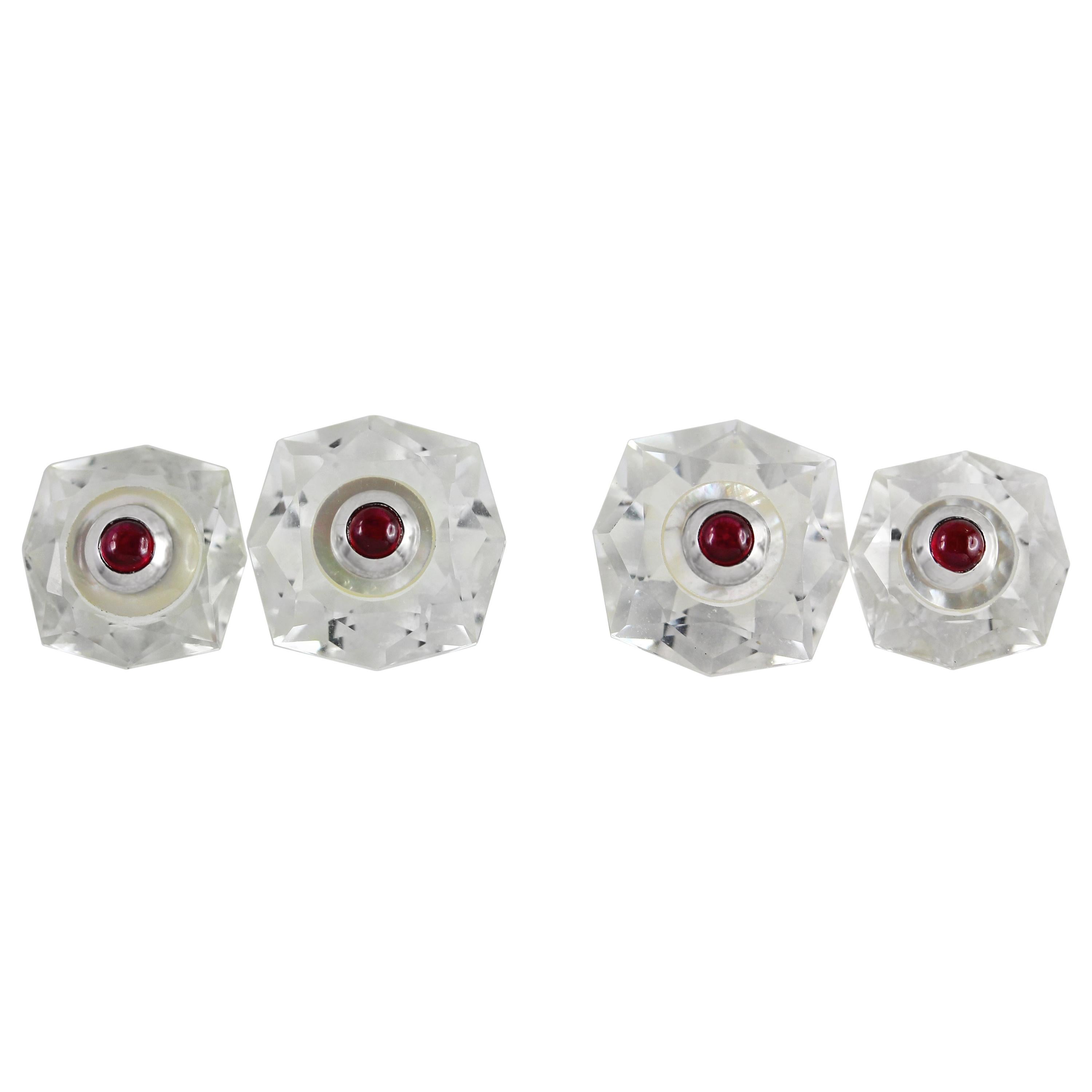 18 Karat White Gold Rock Crystal Mother of Pearl Rubies Cufflinks For Sale