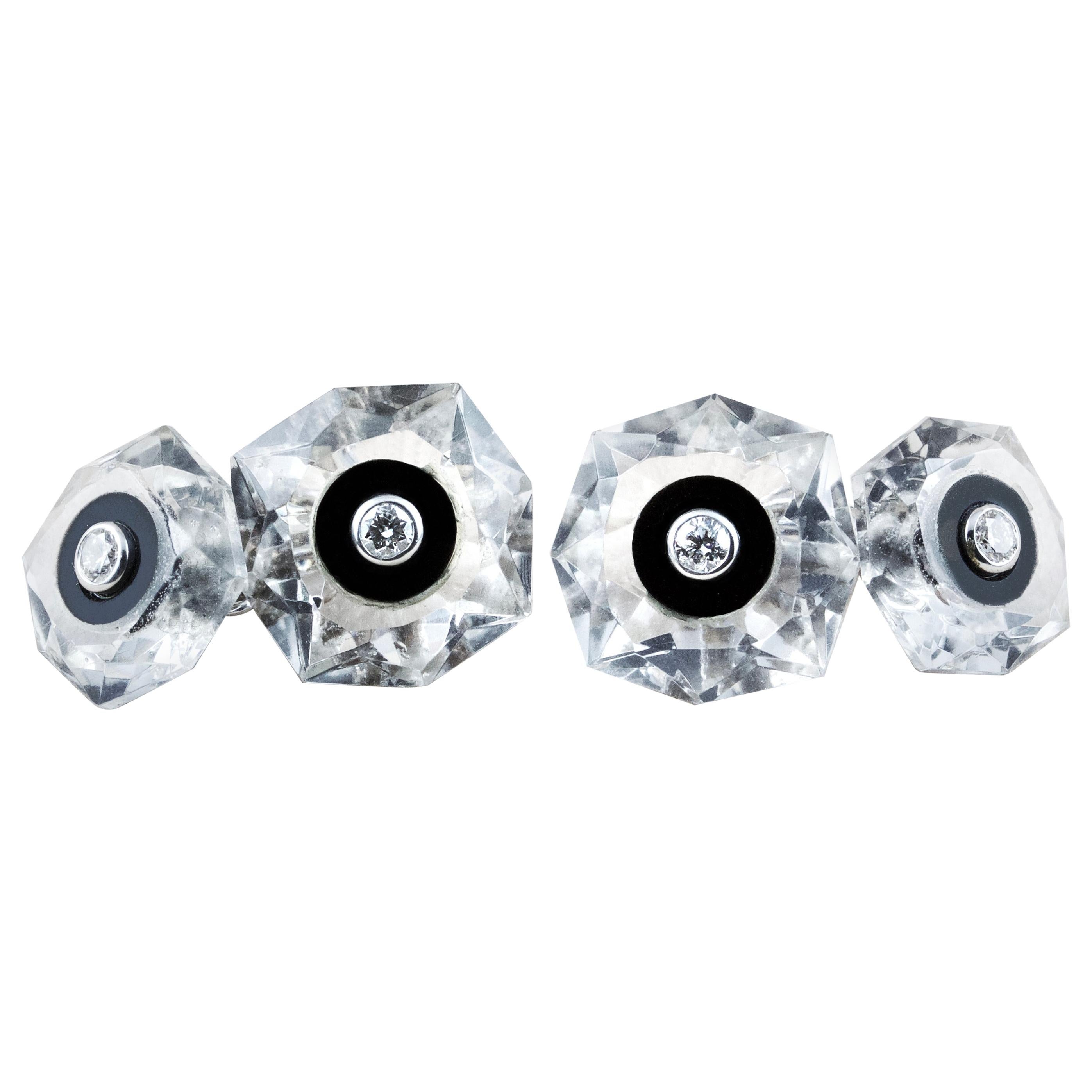 18 Karat White Gold Rock Crystal Onyx Diamond Cufflinks