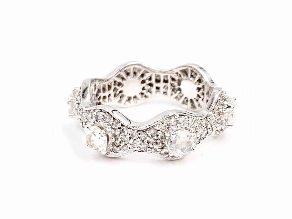 Contemporary 18 Karat White Gold Rose Cut and Pave Scalloped Eternity Ring For Sale