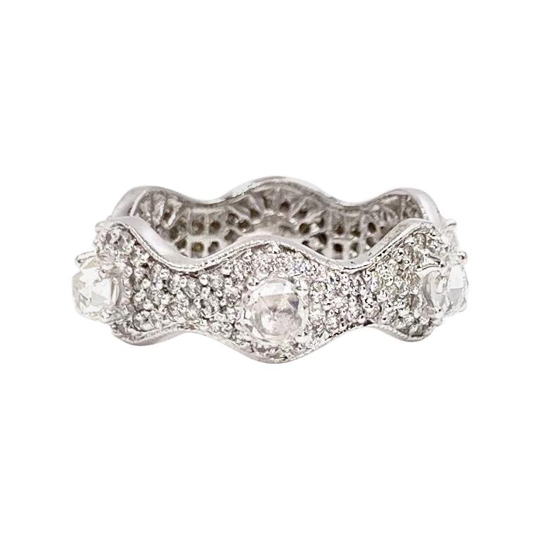 18 Karat White Gold Rose Cut and Pave Scalloped Eternity Ring For Sale