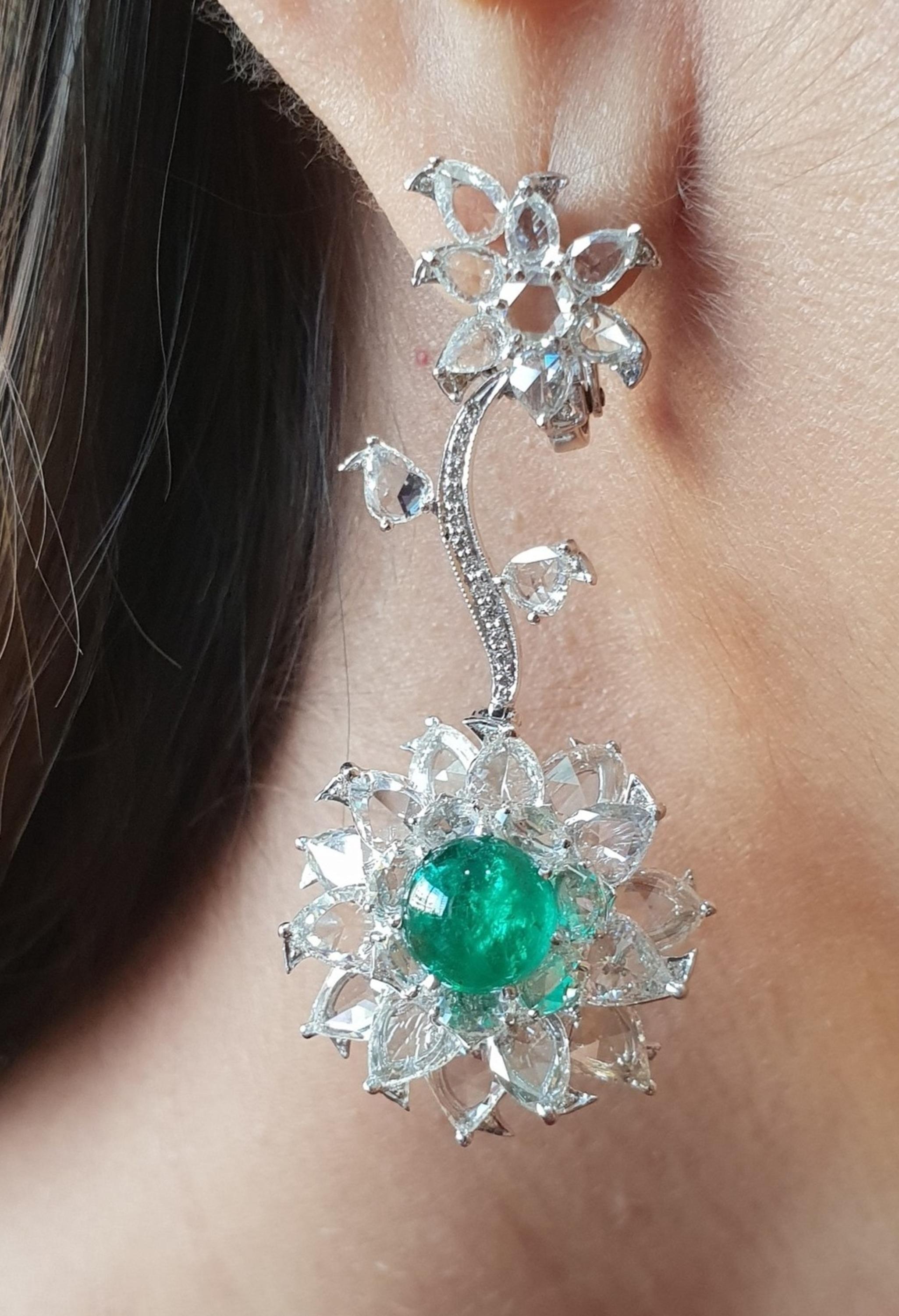 Women's 18 Karat White Gold, Rose Cut, Brilliant Cut & Emerald Cabochon Studded Earrings For Sale