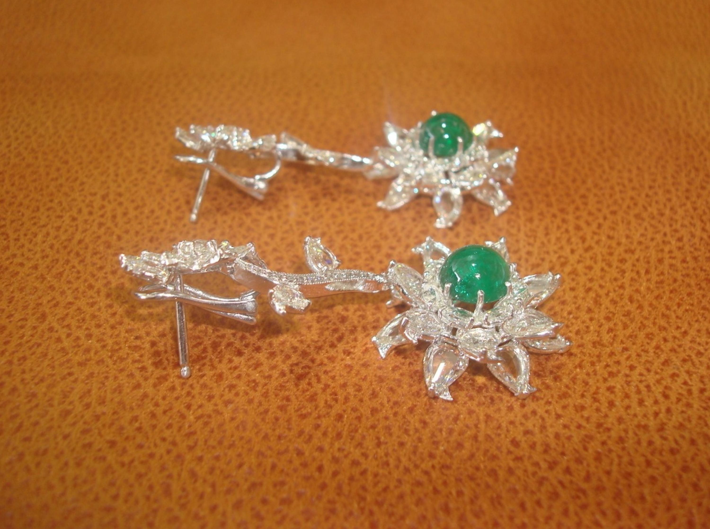 18 Karat White Gold, Rose Cut, Brilliant Cut & Emerald Cabochon Studded Earrings For Sale 5
