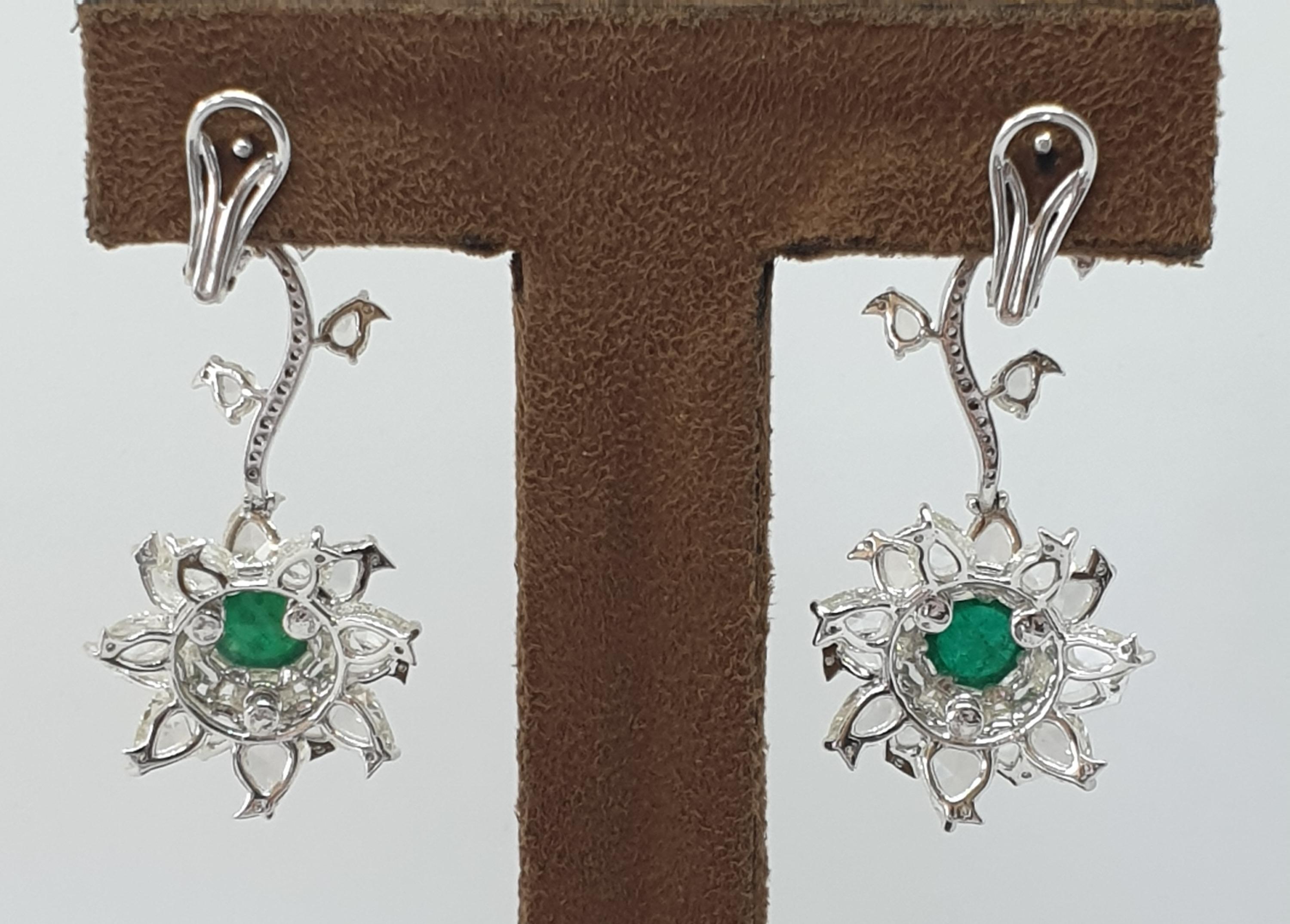 18 Karat White Gold, Rose Cut, Brilliant Cut & Emerald Cabochon Studded Earrings For Sale 6