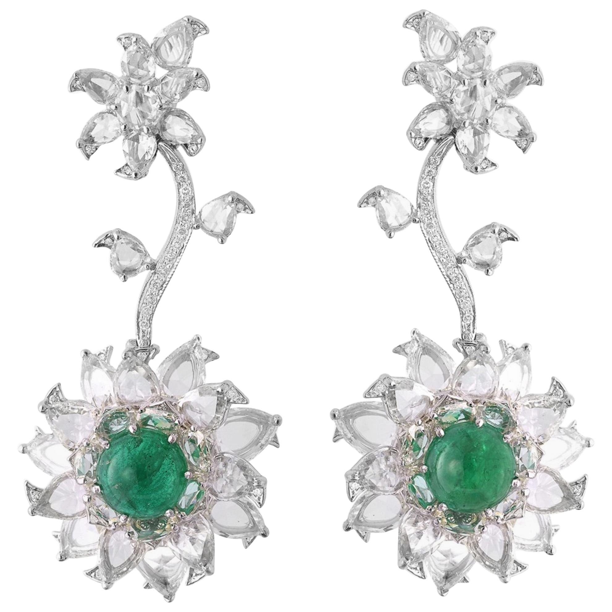 18 Karat White Gold, Rose Cut, Brilliant Cut & Emerald Cabochon Studded Earrings For Sale