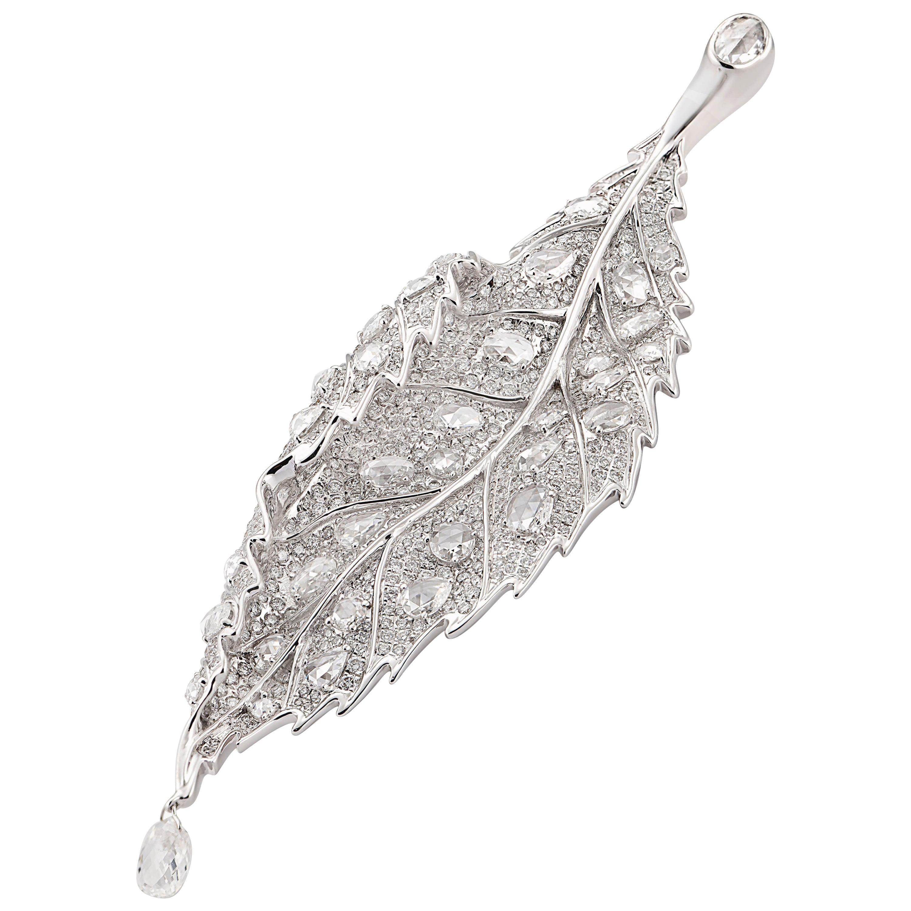 18 Karat White Gold Rose Cut Diamond and Briolette Drop Leaf Brooch For Sale