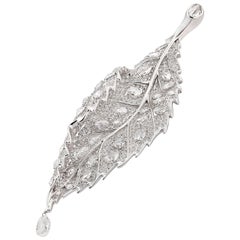 18 Karat White Gold Rose Cut Diamond and Briolette Drop Leaf Brooch