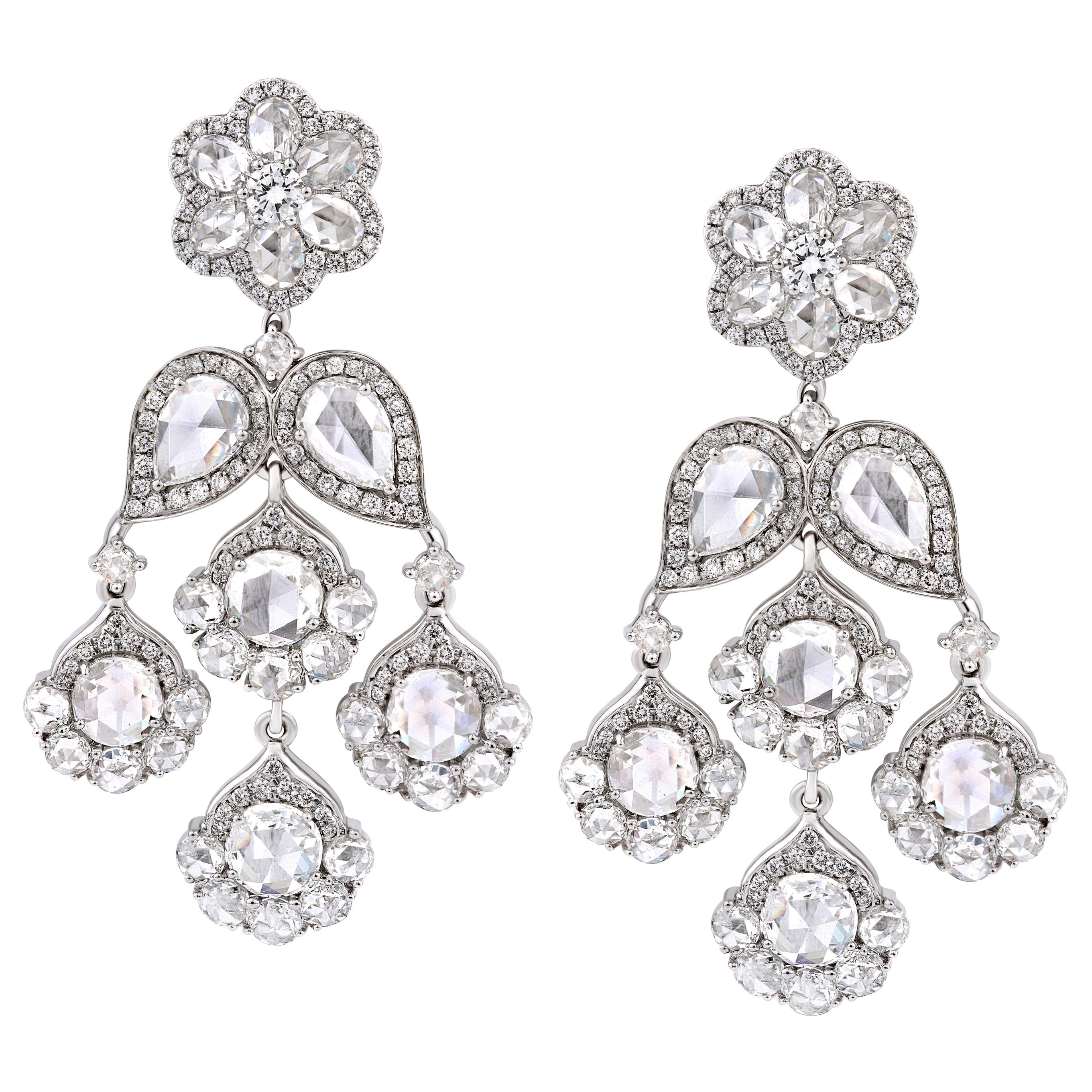 18 Karat White Gold 7.71ct Rose Cut Diamond Chandelier Flower Earrings
