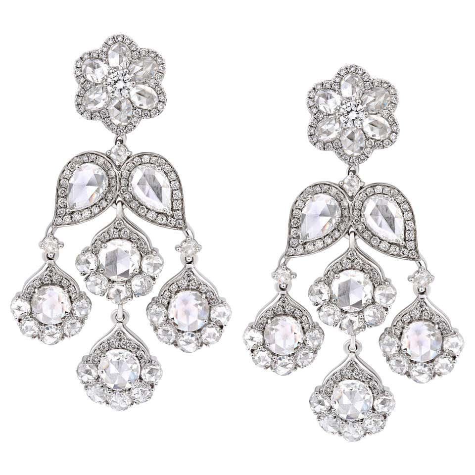 18 Karat White Gold 7.71ct Rose Cut Diamond Chandelier Flower Earrings ...