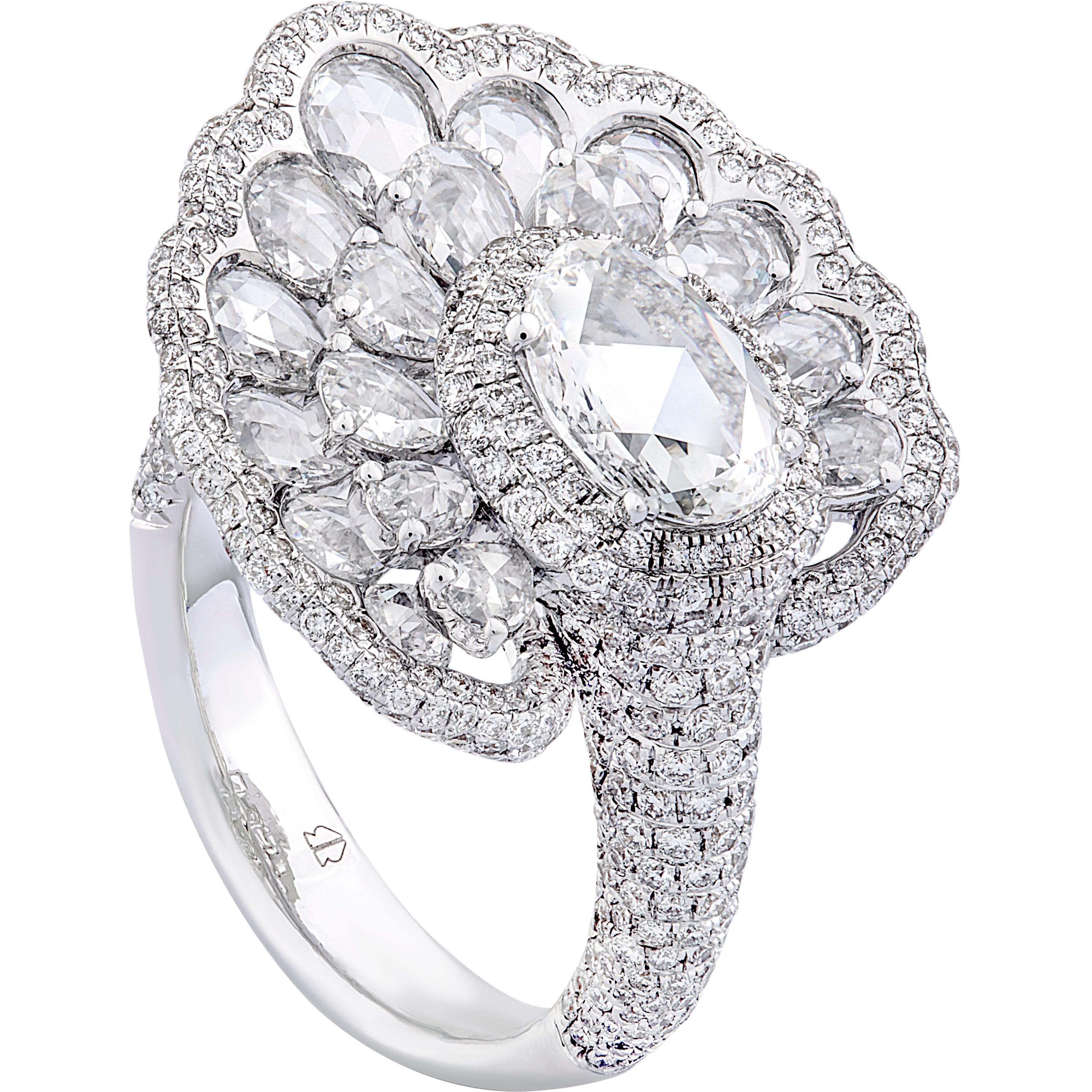 18Karat White Gold Rose Cut Diamond 4.20cts Pave Cocktail Ring For Sale