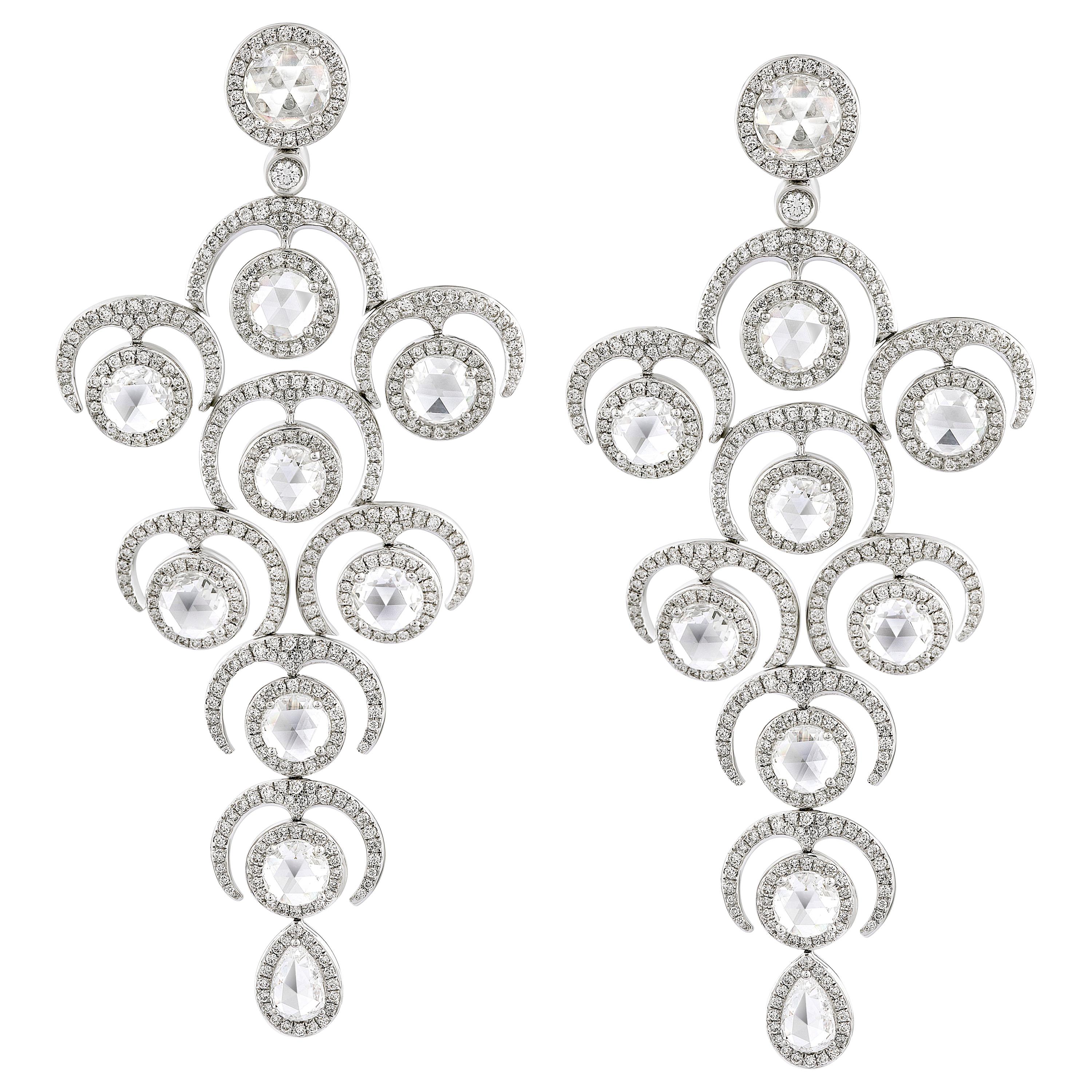 Rarever 18K White Gold Rose Cut Diamond Chandelier 9.20cts Earrings For Sale