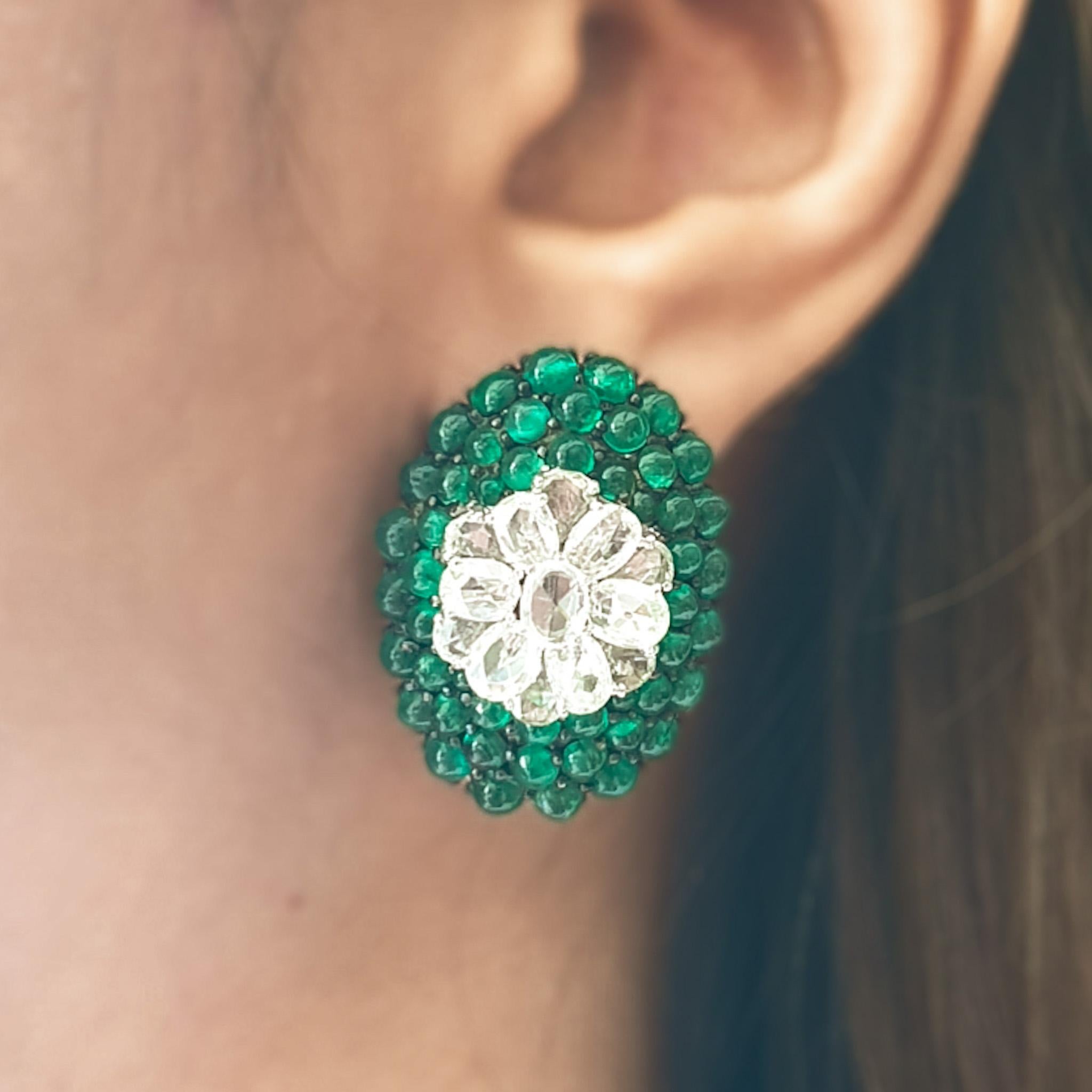 Modern 18 Karat White Gold, Rose Cut Diamond and Emerald Cabochon Bead Ear Studs